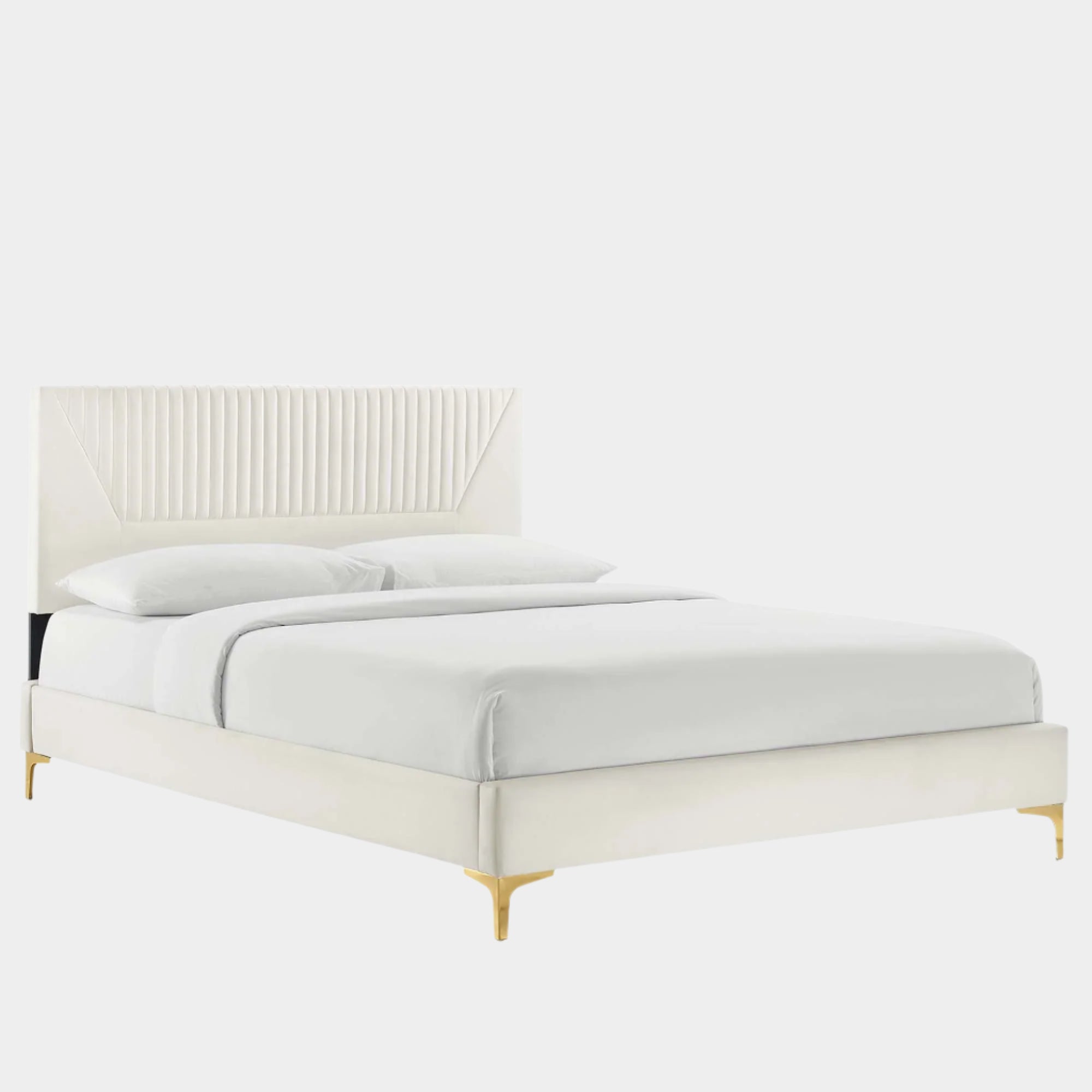 Yasmine Channel Tufted Performance Velvet Platform Bed With Gold Metal Legs