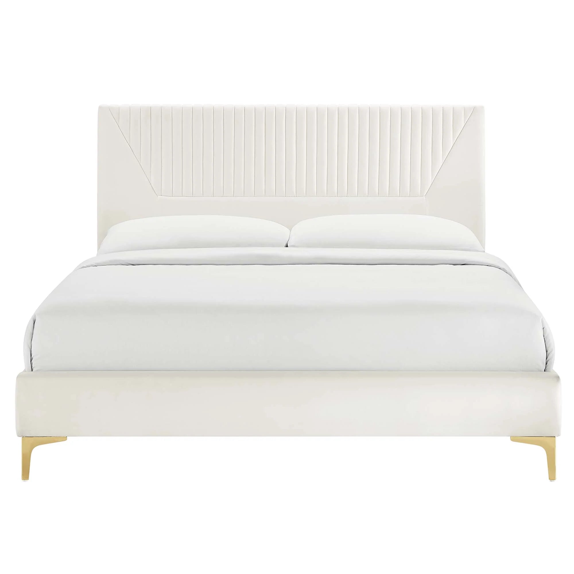 Yasmine Channel Tufted Performance Velvet Platform Bed With Gold Metal Legs