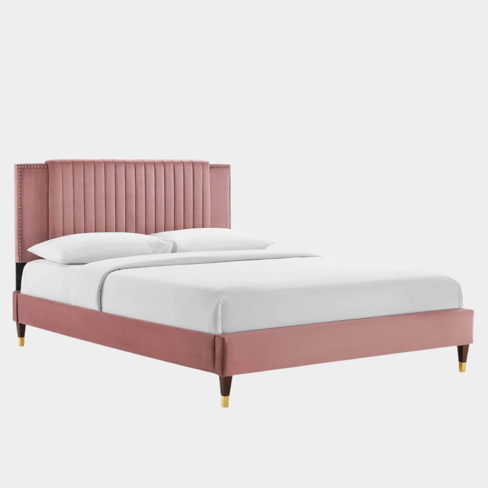 Zahra Channel Tufted Performance Velvet Platform Bed With Wood and Gold Legs