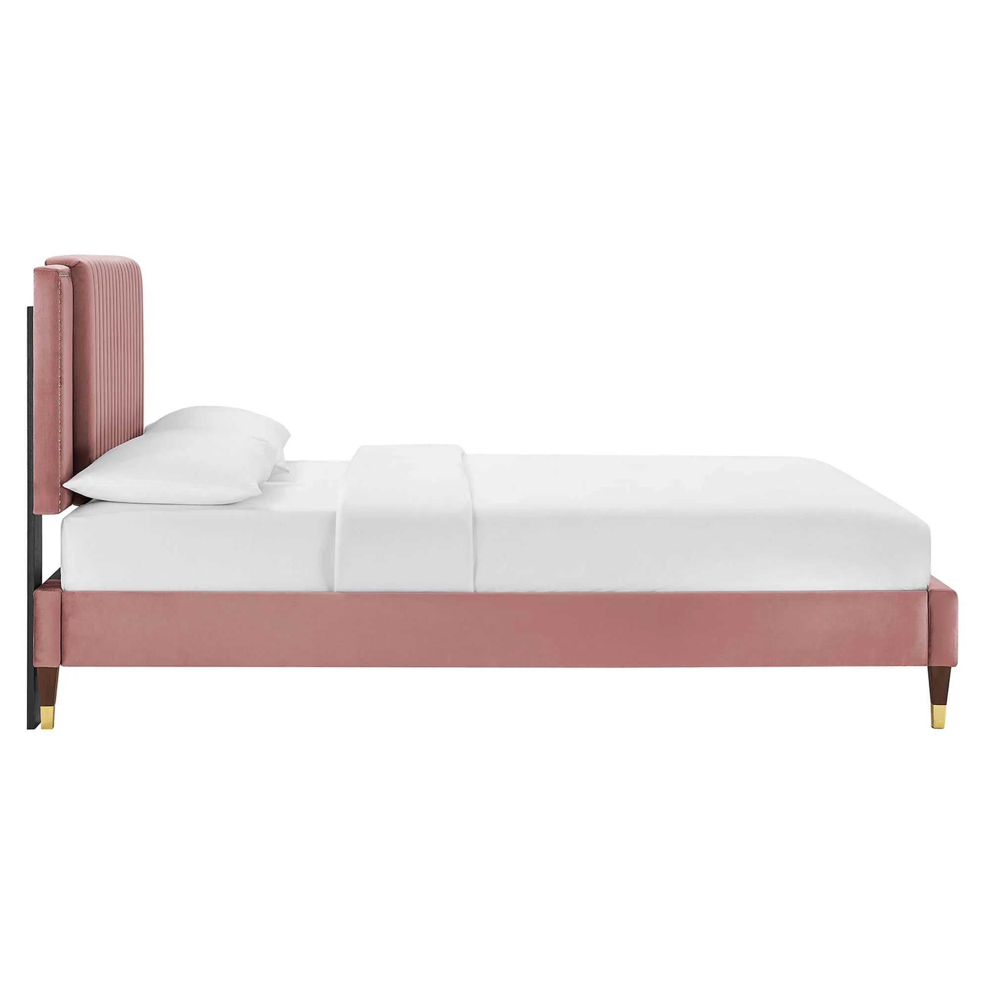 Zahra Channel Tufted Performance Velvet Platform Bed With Wood and Gold Legs