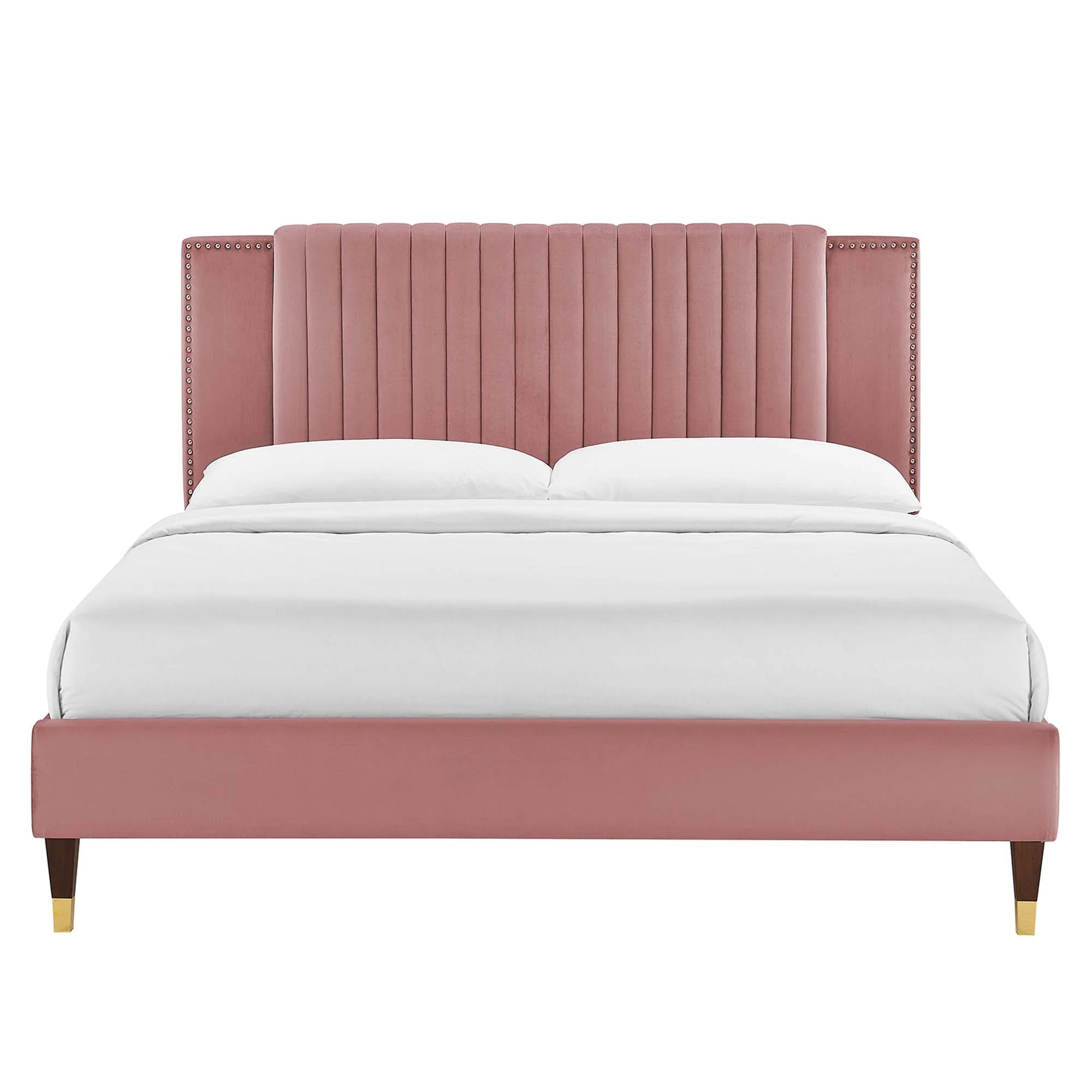 Zahra Channel Tufted Performance Velvet Platform Bed With Wood and Gold Legs