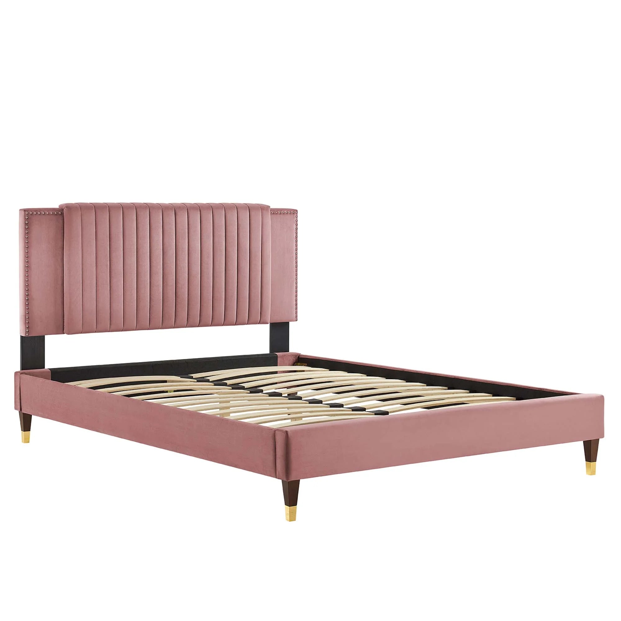 Zahra Channel Tufted Performance Velvet Platform Bed With Wood and Gold Legs