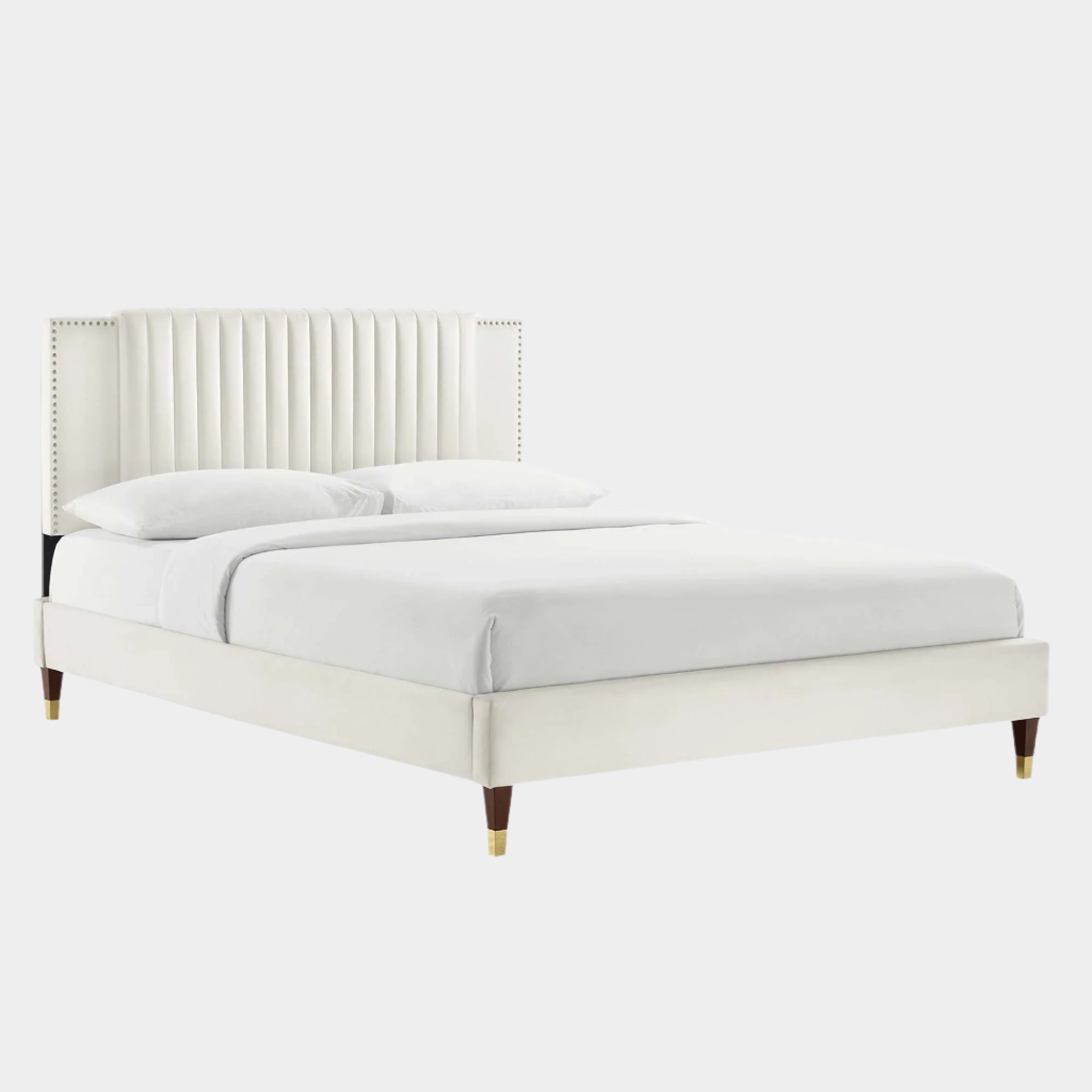 Zahra Channel Tufted Performance Velvet Platform Bed With Wood and Gold Legs