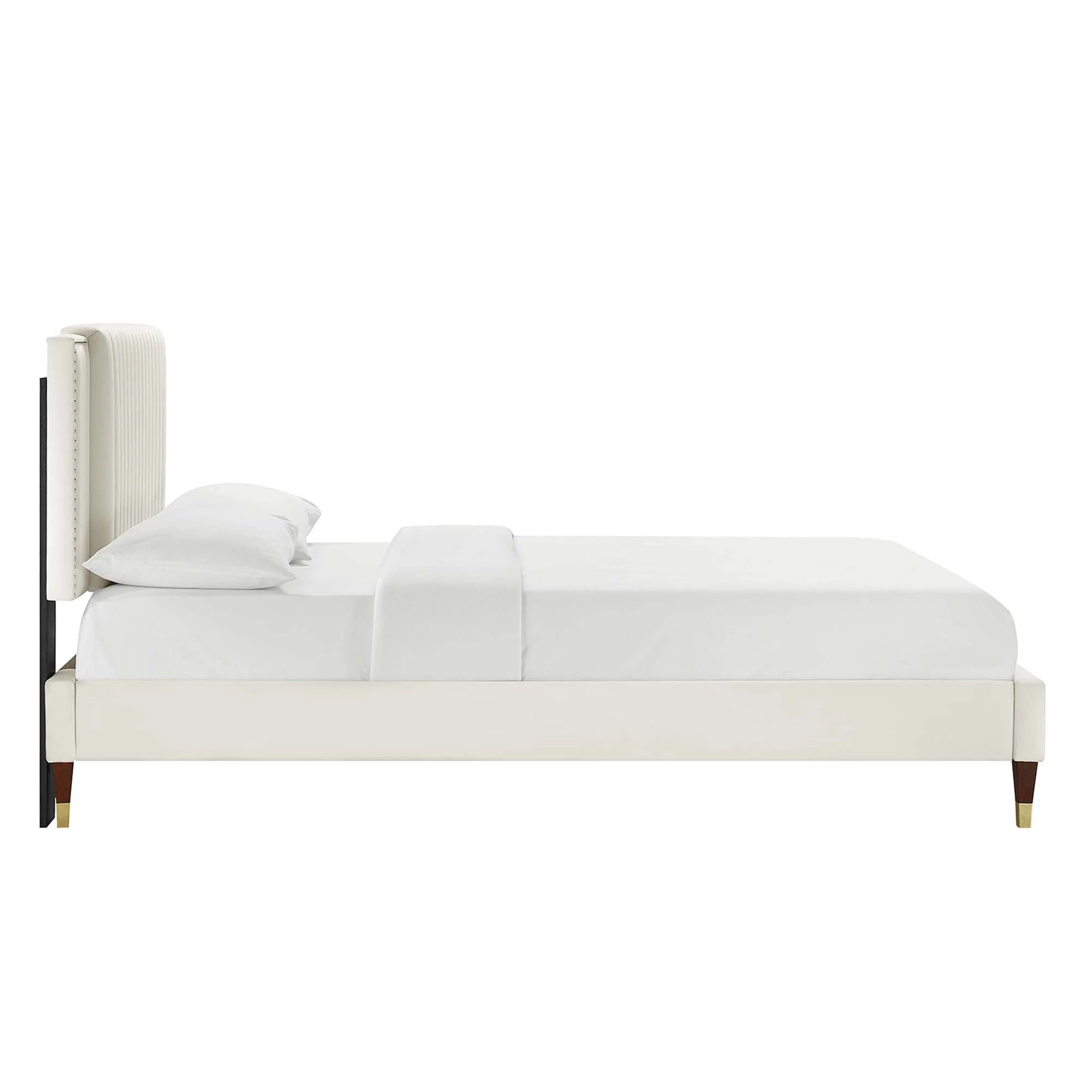 Zahra Channel Tufted Performance Velvet Platform Bed With Wood and Gold Legs