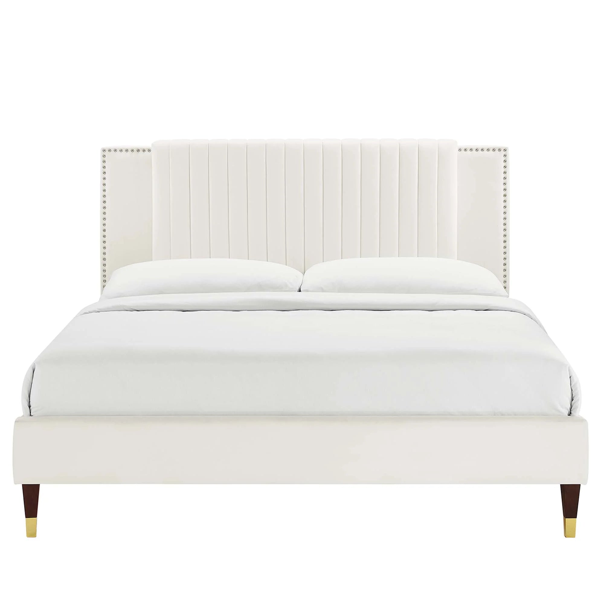 Zahra Channel Tufted Performance Velvet Platform Bed With Wood and Gold Legs