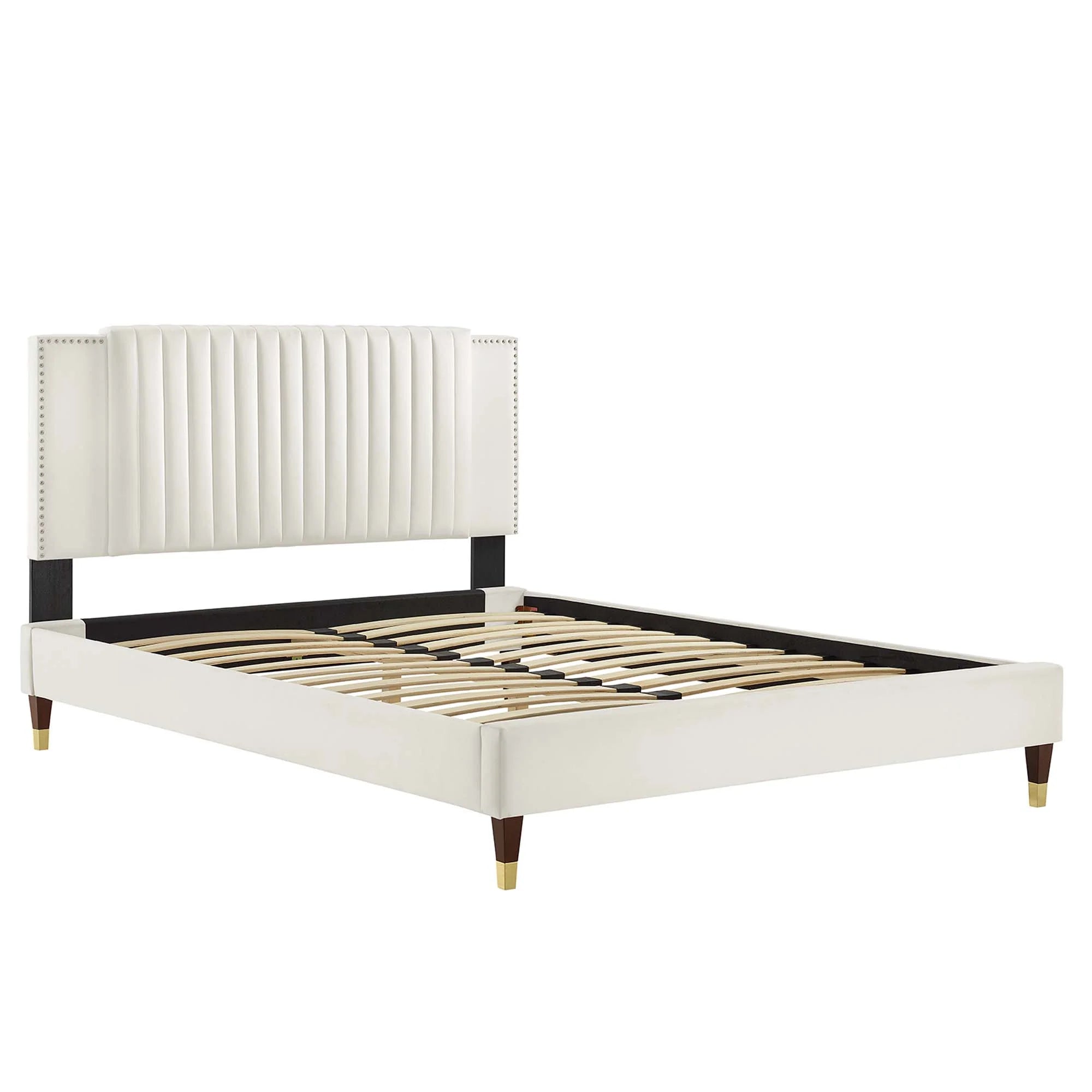 Zahra Channel Tufted Performance Velvet Platform Bed With Wood and Gold Legs