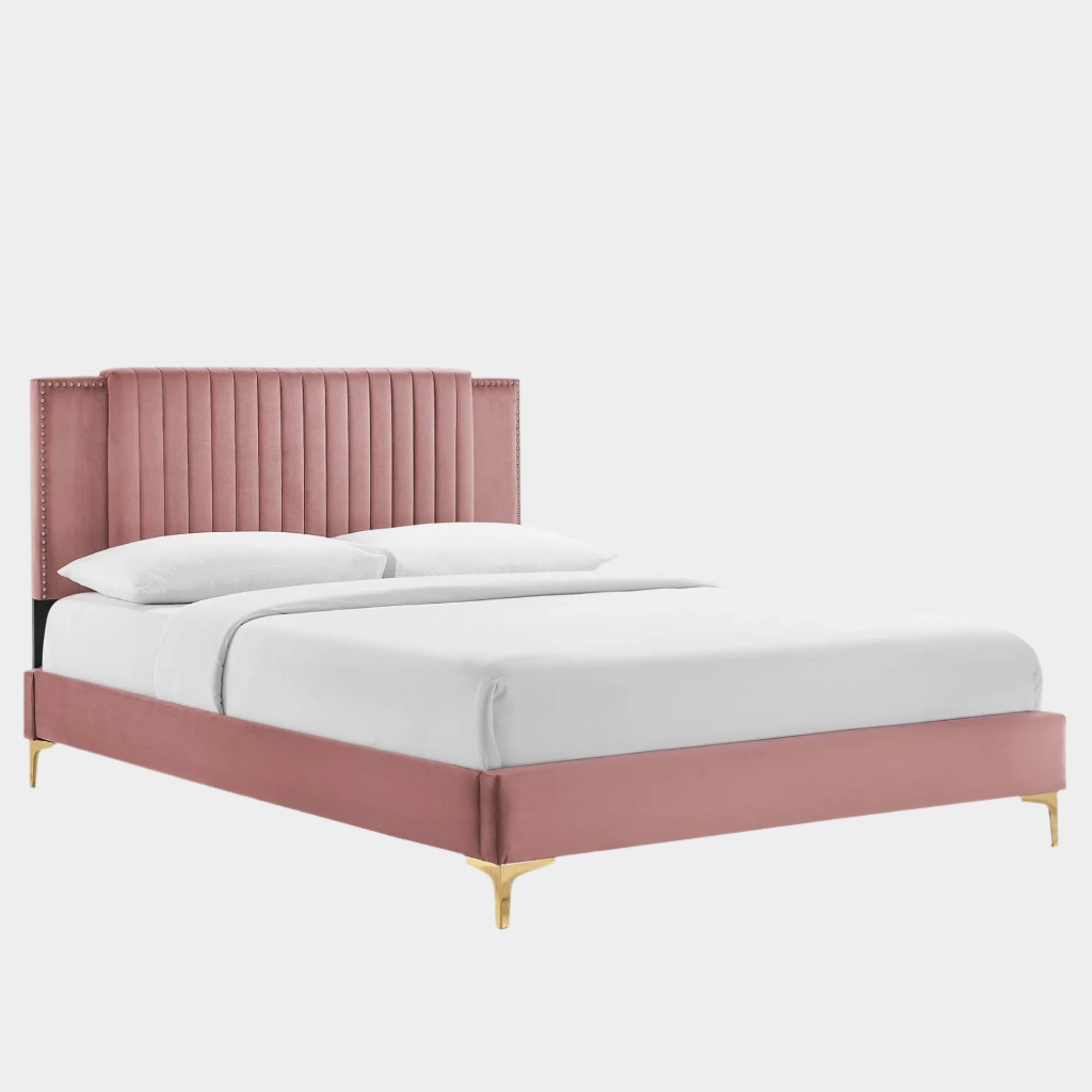 Zahra Channel Tufted Performance Velvet Platform Bed With Gold Metal Legs