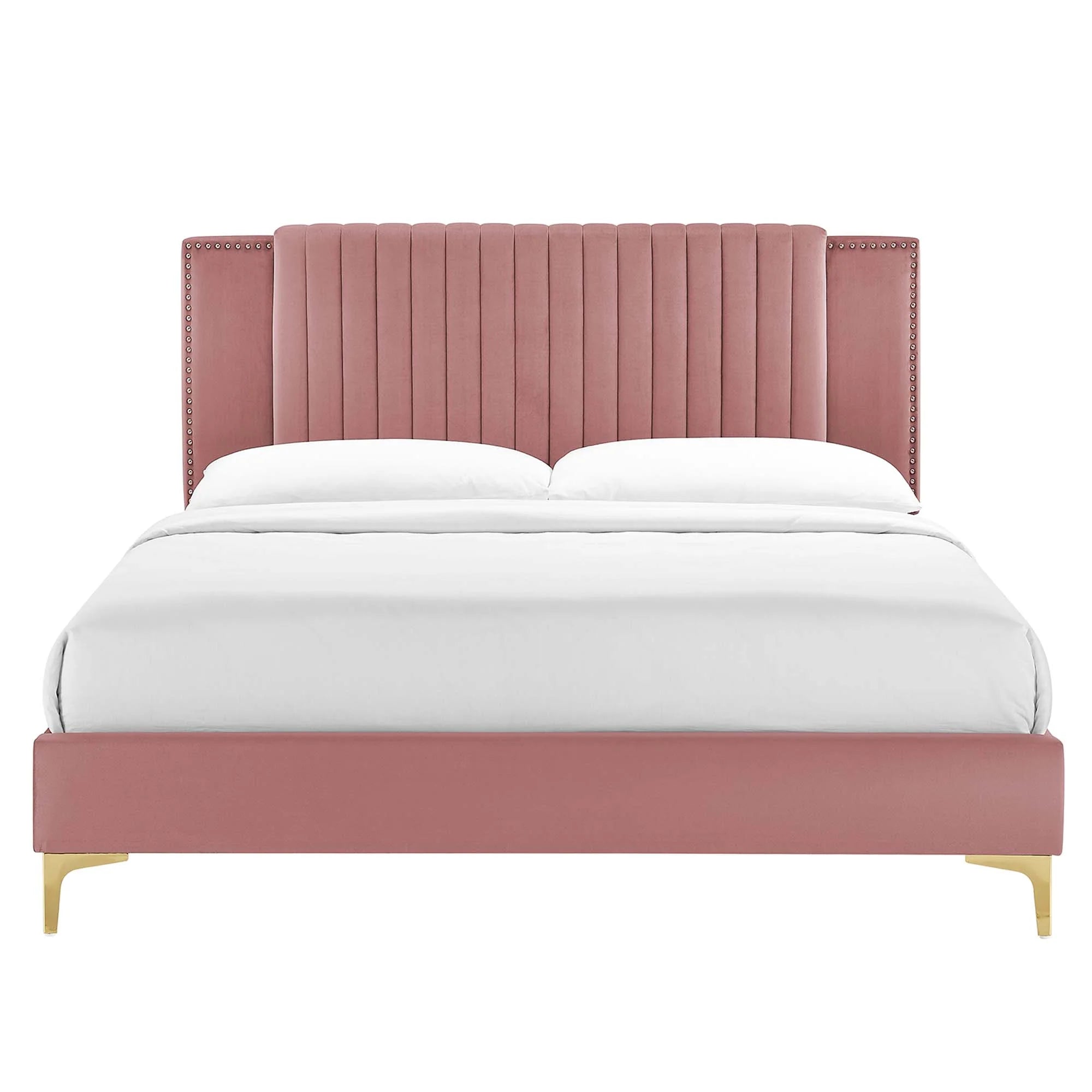 Zahra Channel Tufted Performance Velvet Platform Bed With Gold Metal Legs