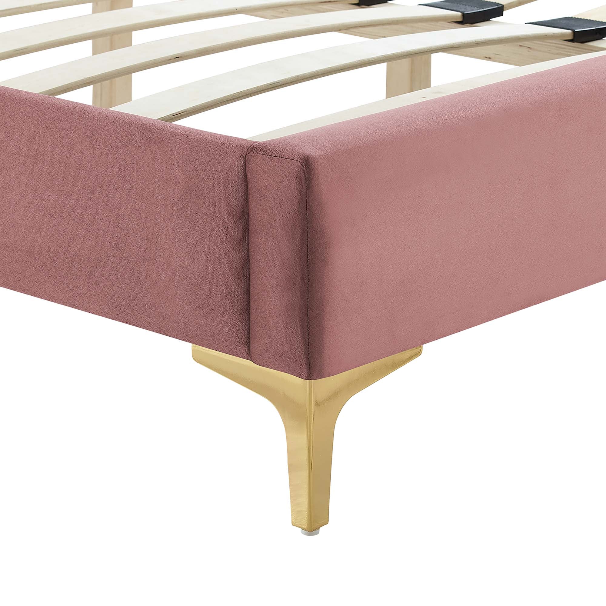 Zahra Channel Tufted Performance Velvet Platform Bed With Gold Metal Legs