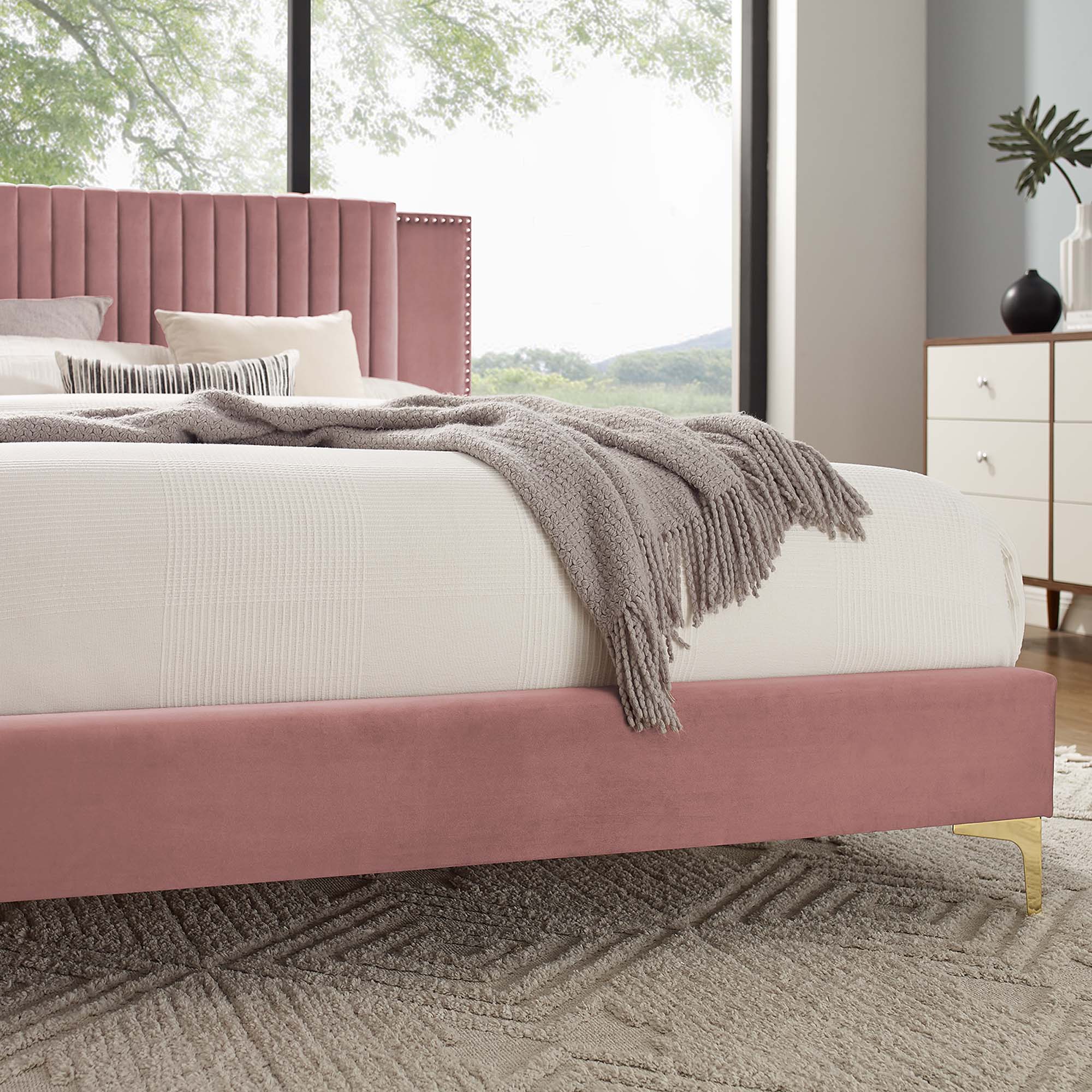 Zahra Channel Tufted Performance Velvet Platform Bed With Gold Metal Legs