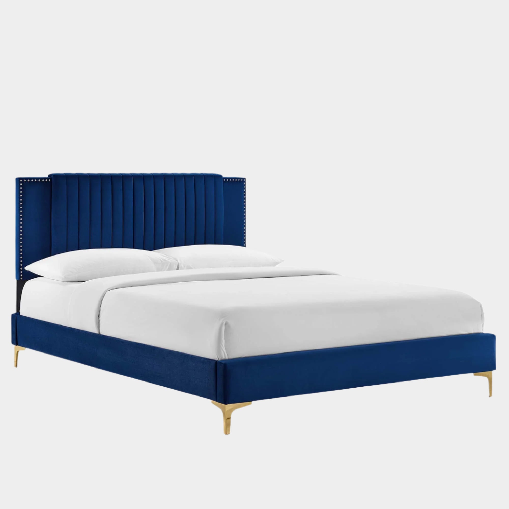 Zahra Channel Tufted Performance Velvet Platform Bed With Gold Metal Legs