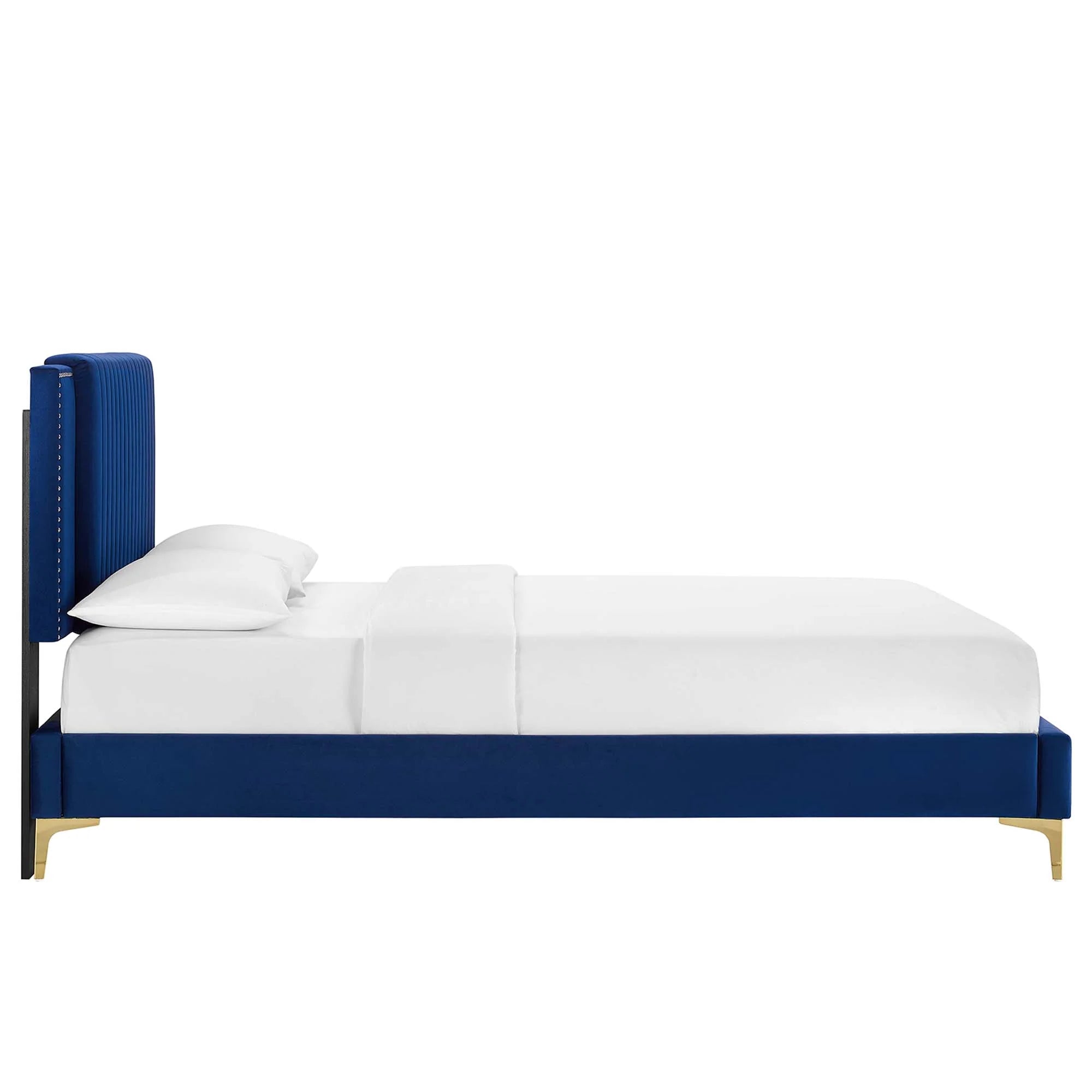 Zahra Channel Tufted Performance Velvet Platform Bed With Gold Metal Legs