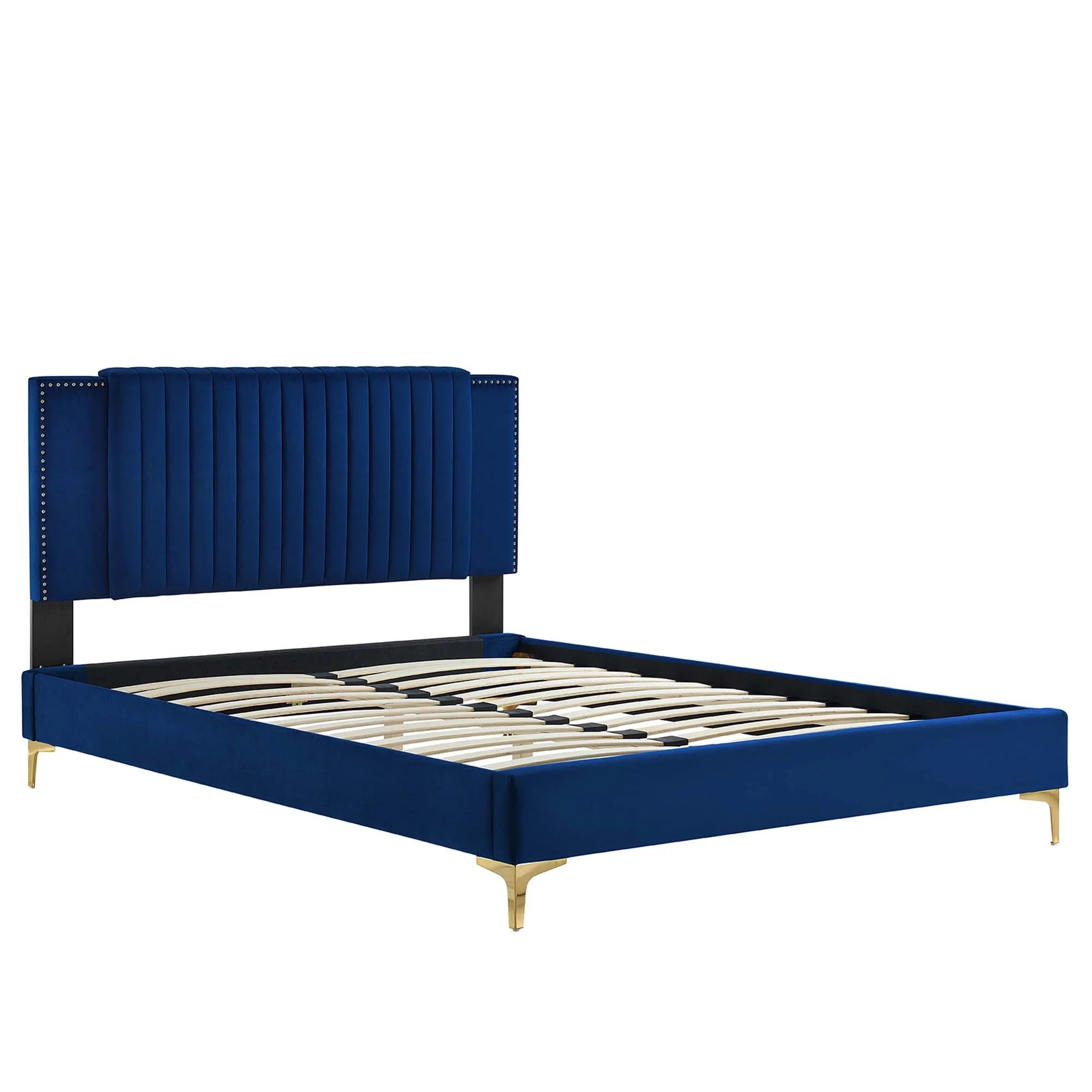 Zahra Channel Tufted Performance Velvet Platform Bed With Gold Metal Legs