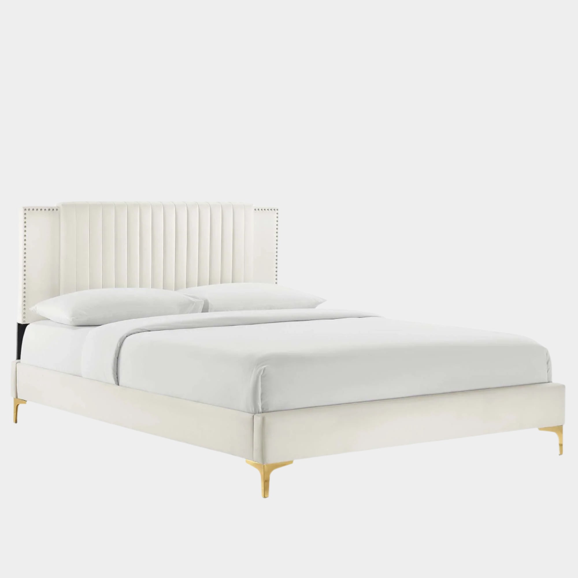 Zahra Channel Tufted Performance Velvet Platform Bed With Gold Metal Legs