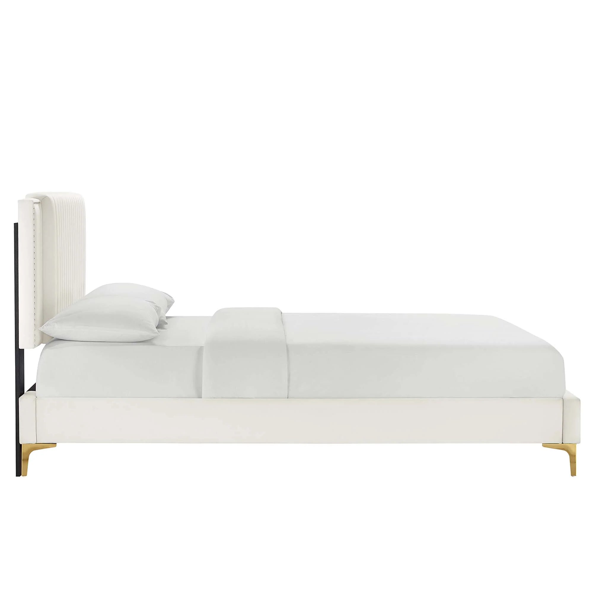 Zahra Channel Tufted Performance Velvet Platform Bed With Gold Metal Legs