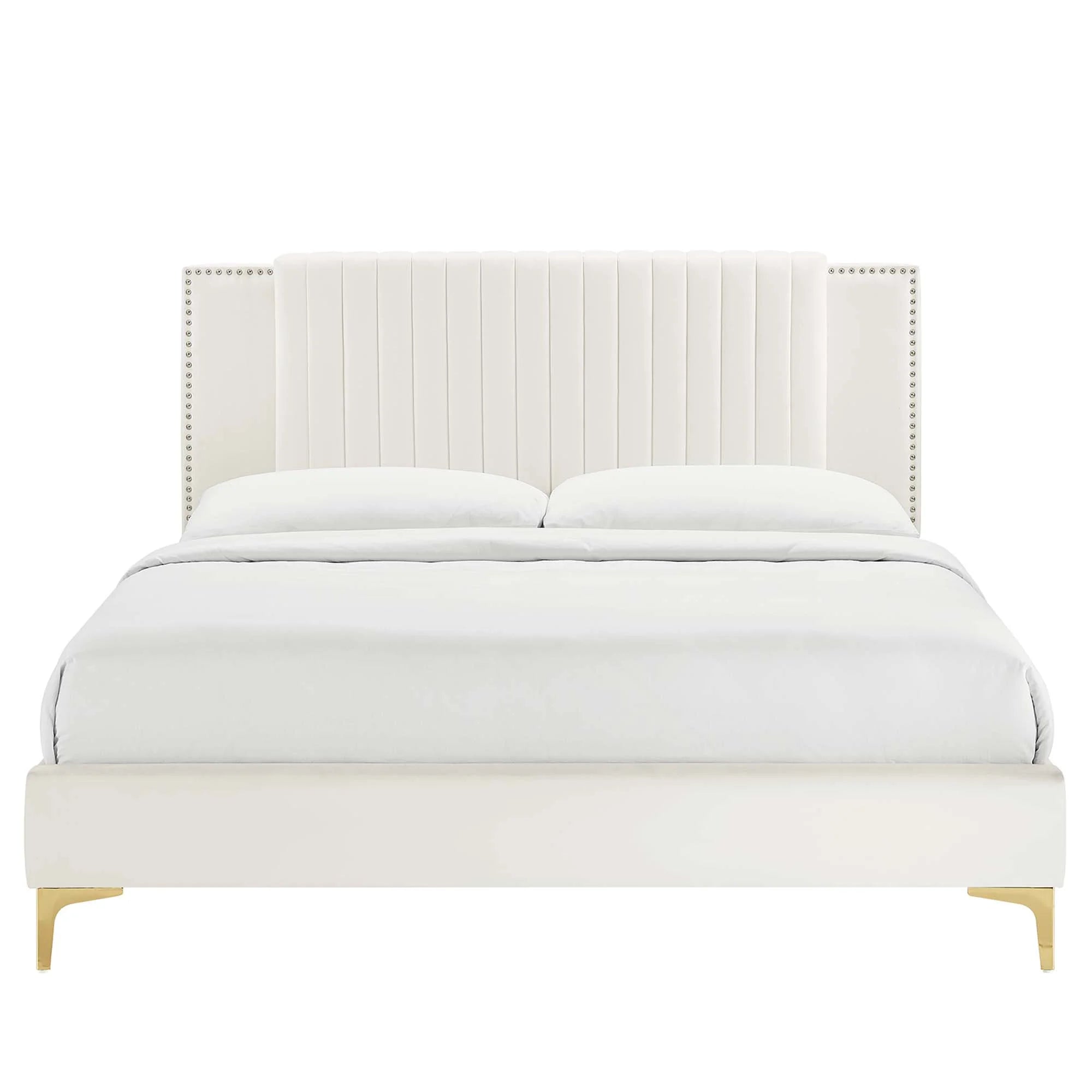 Zahra Channel Tufted Performance Velvet Platform Bed With Gold Metal Legs