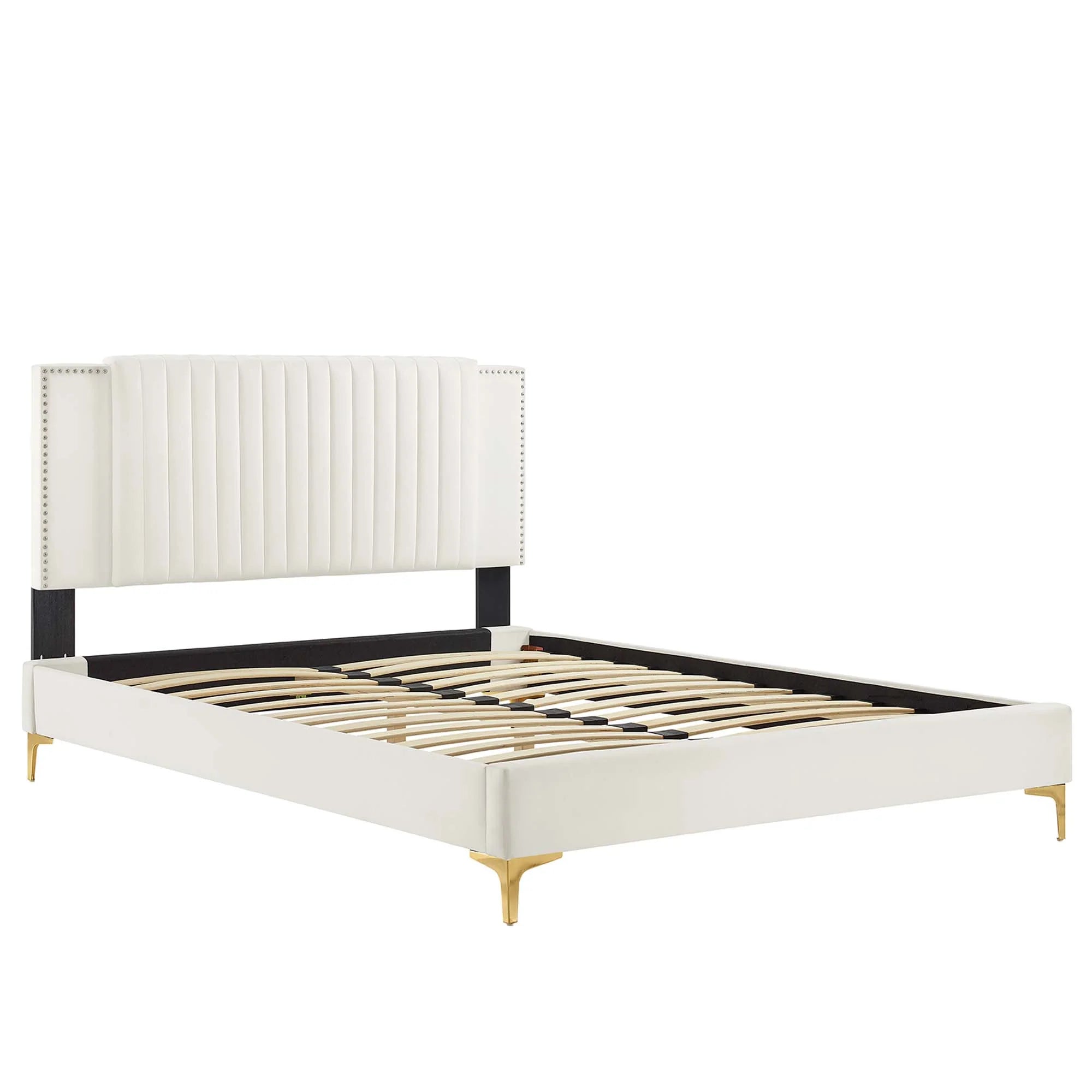 Zahra Channel Tufted Performance Velvet Platform Bed With Gold Metal Legs