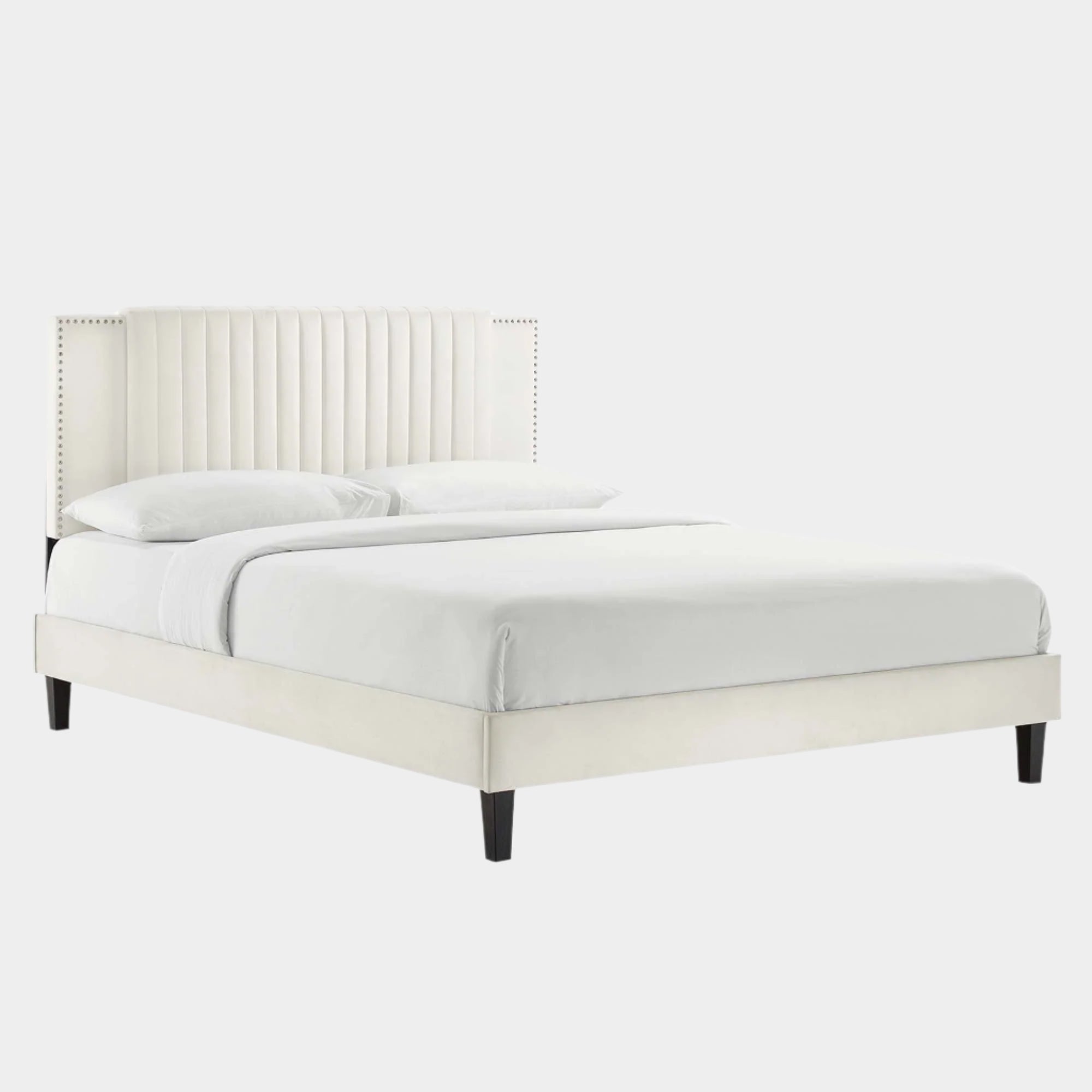 Zahra Channel Tufted Performance Velvet Platform Bed With Black Wood Legs