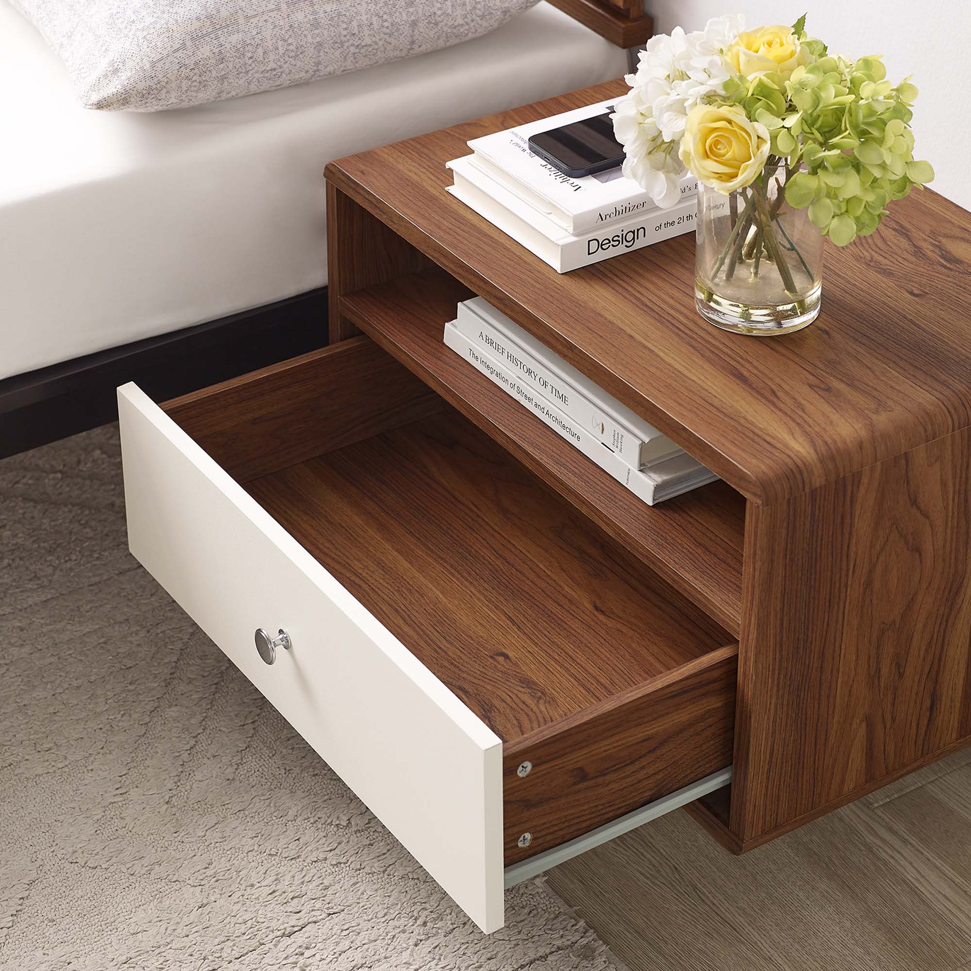 Transmit Wall Mount Nightstand in Walnut White