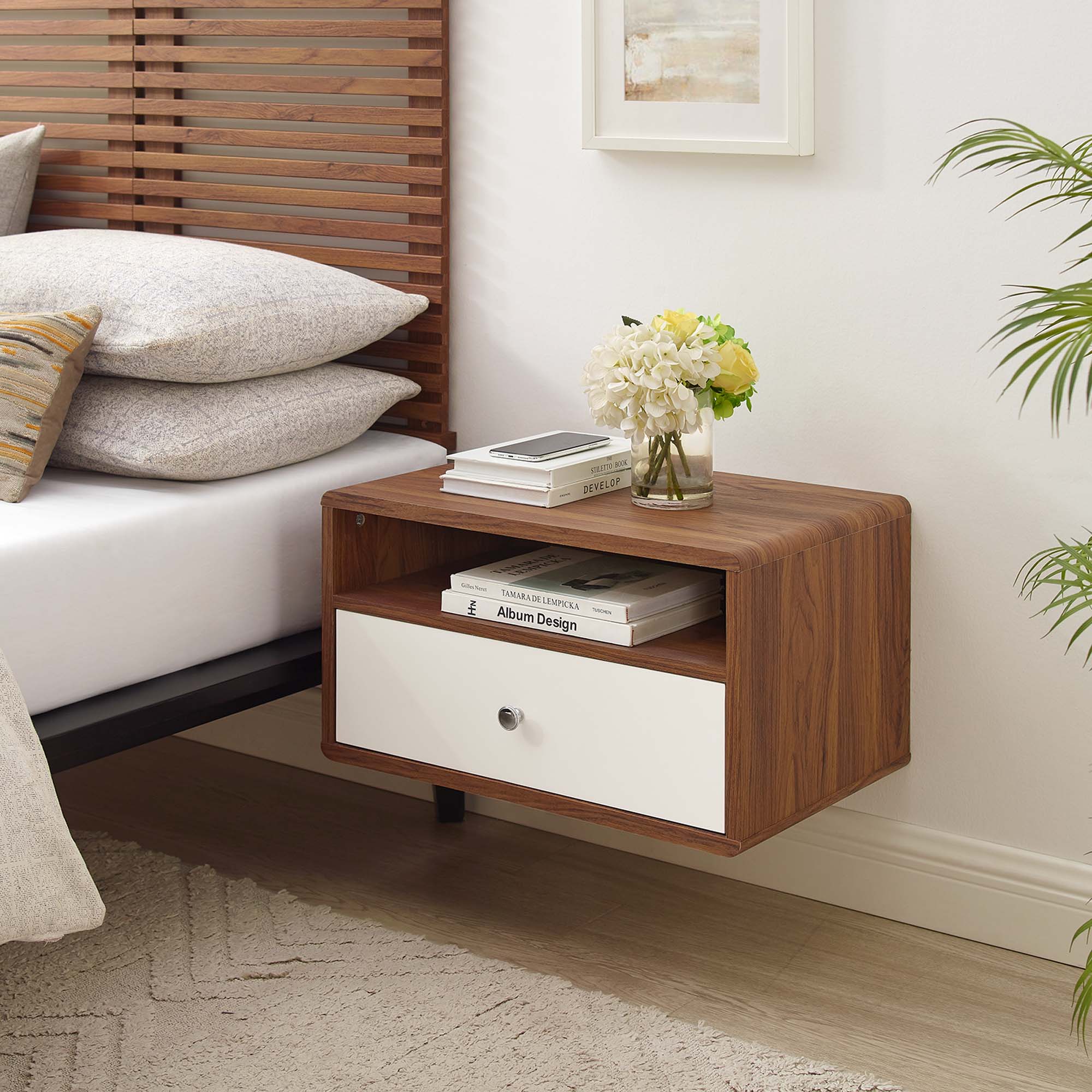 Transmit Wall Mount Nightstand in Walnut White