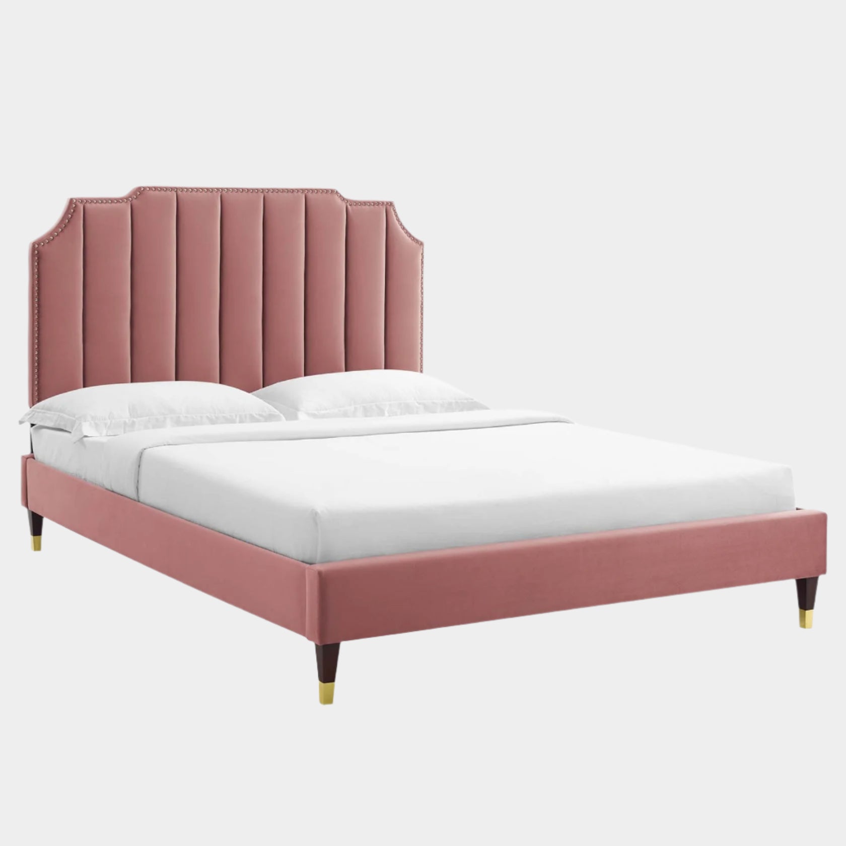 Colette Performance Velvet Platform Bed With Wood and Gold Legs