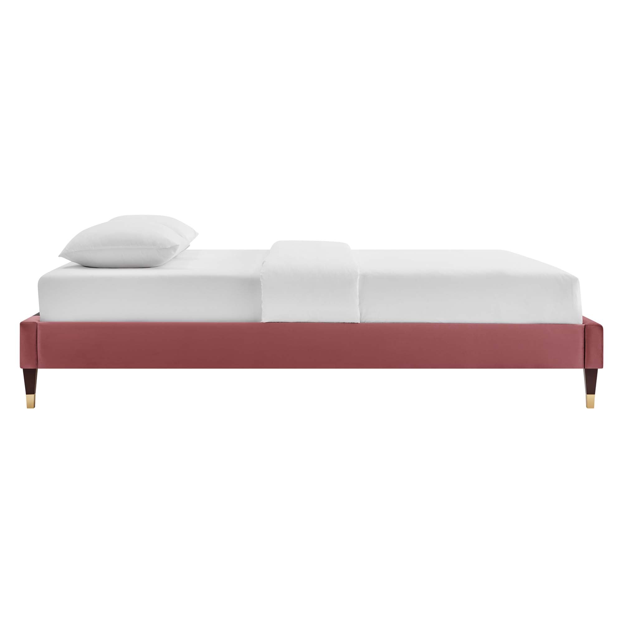 Colette Performance Velvet Platform Bed With Wood and Gold Legs