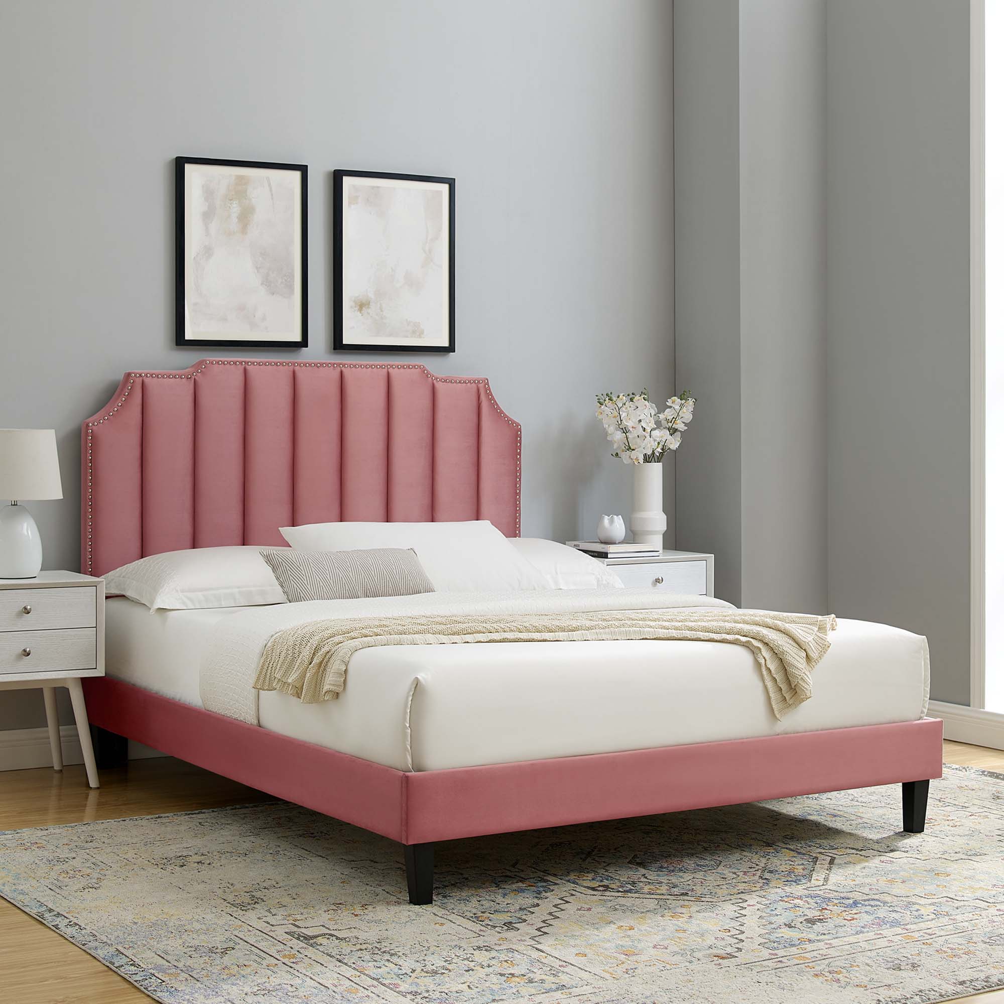 Colette Performance Velvet Platform Bed With Black Wood Legs