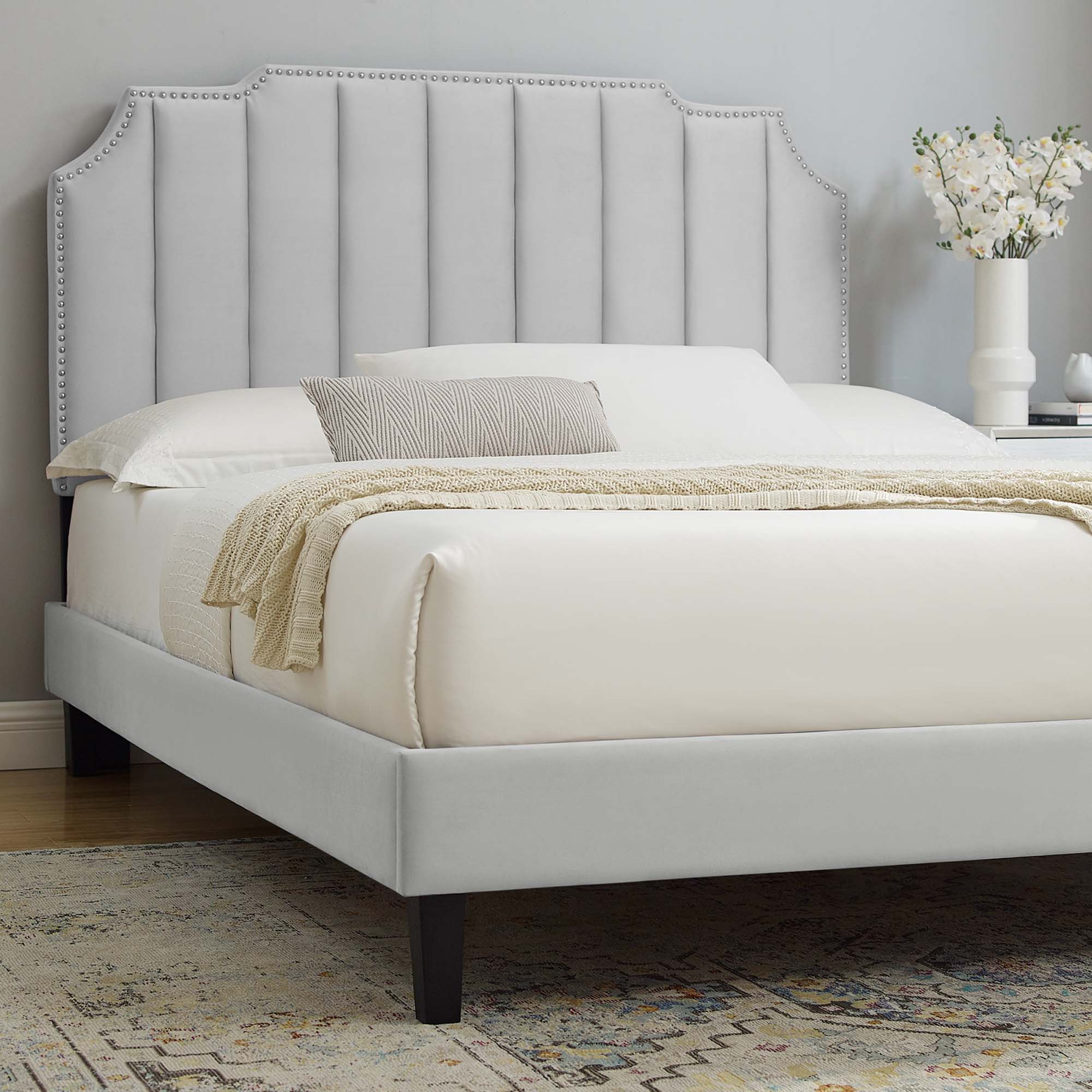 Colette Performance Velvet Platform Bed With Black Wood Legs