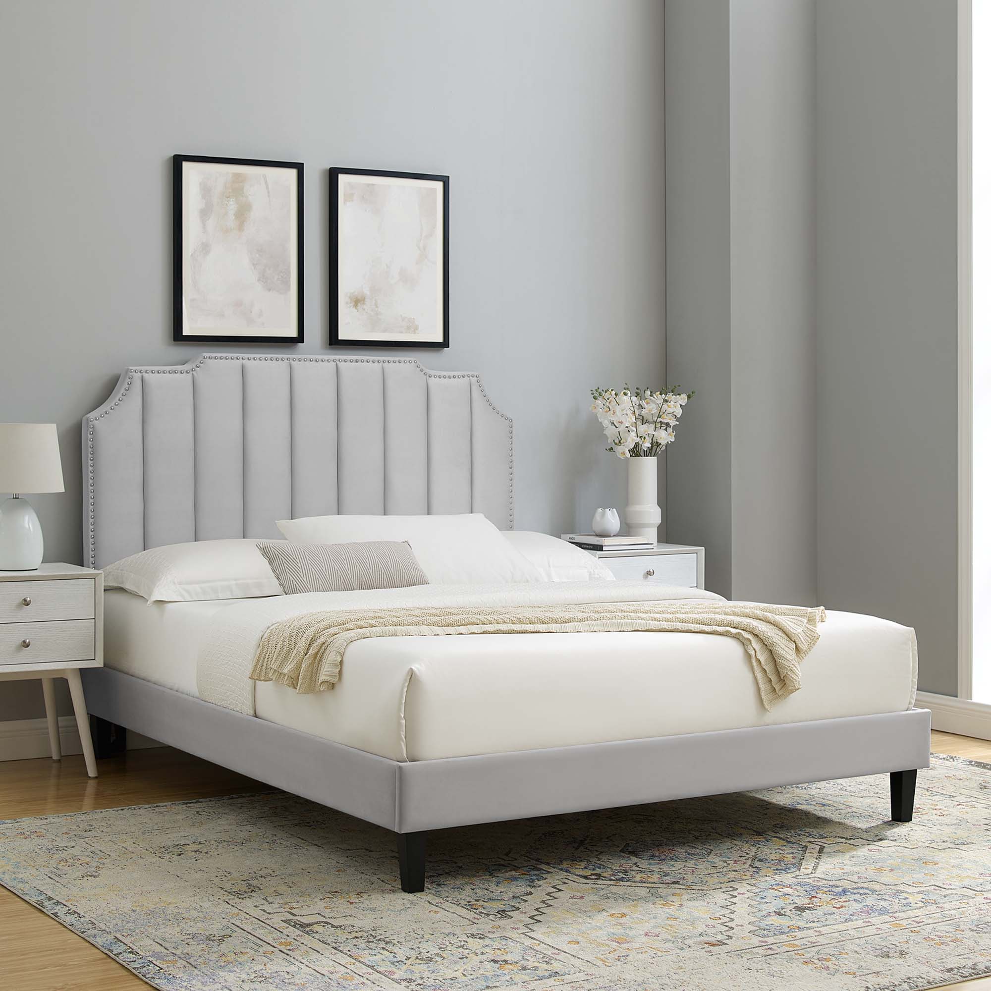 Colette Performance Velvet Platform Bed With Black Wood Legs