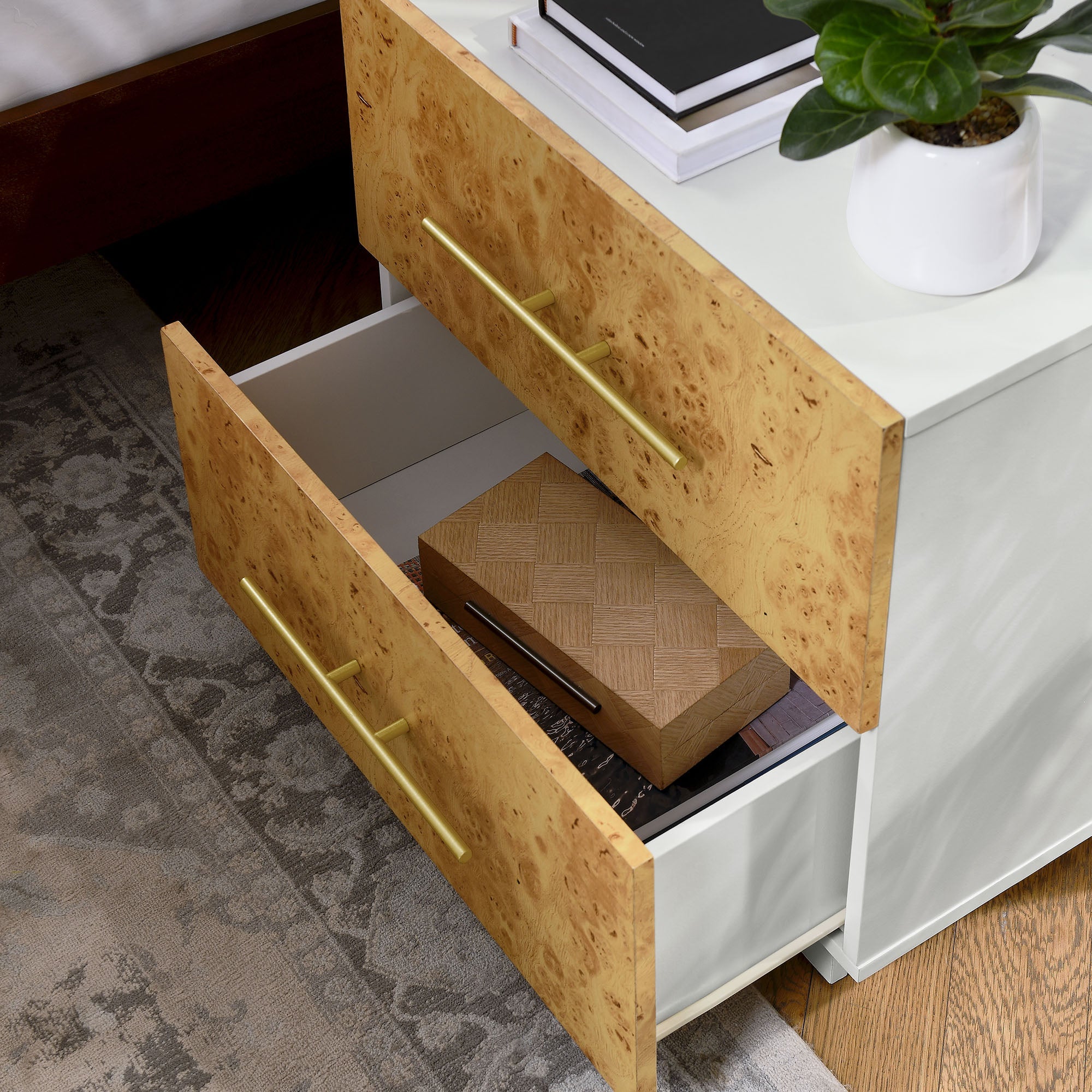 Abel 2-Drawer Burl Wood Nightstand in White Bleached Burl