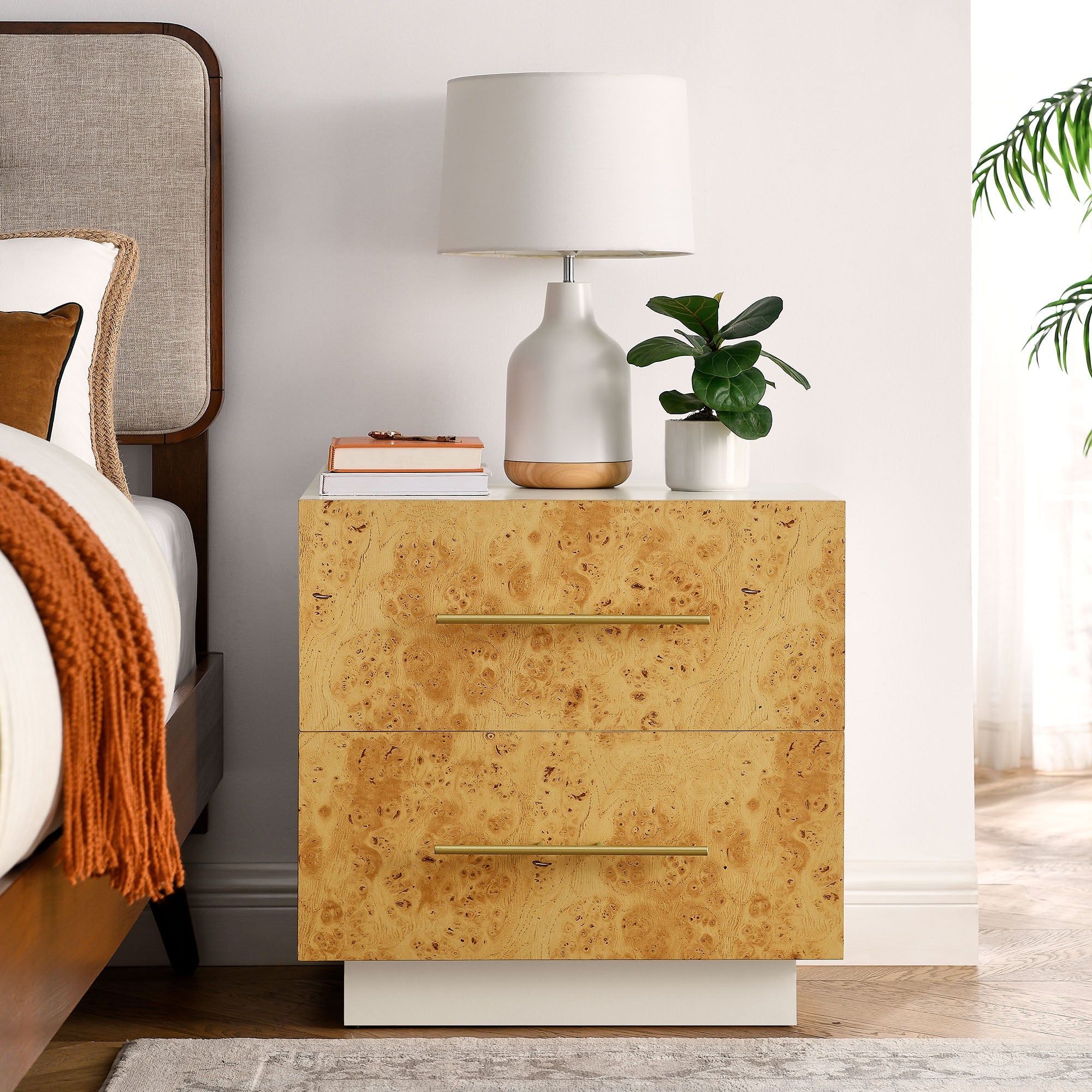 Abel 2-Drawer Burl Wood Nightstand in White Bleached Burl