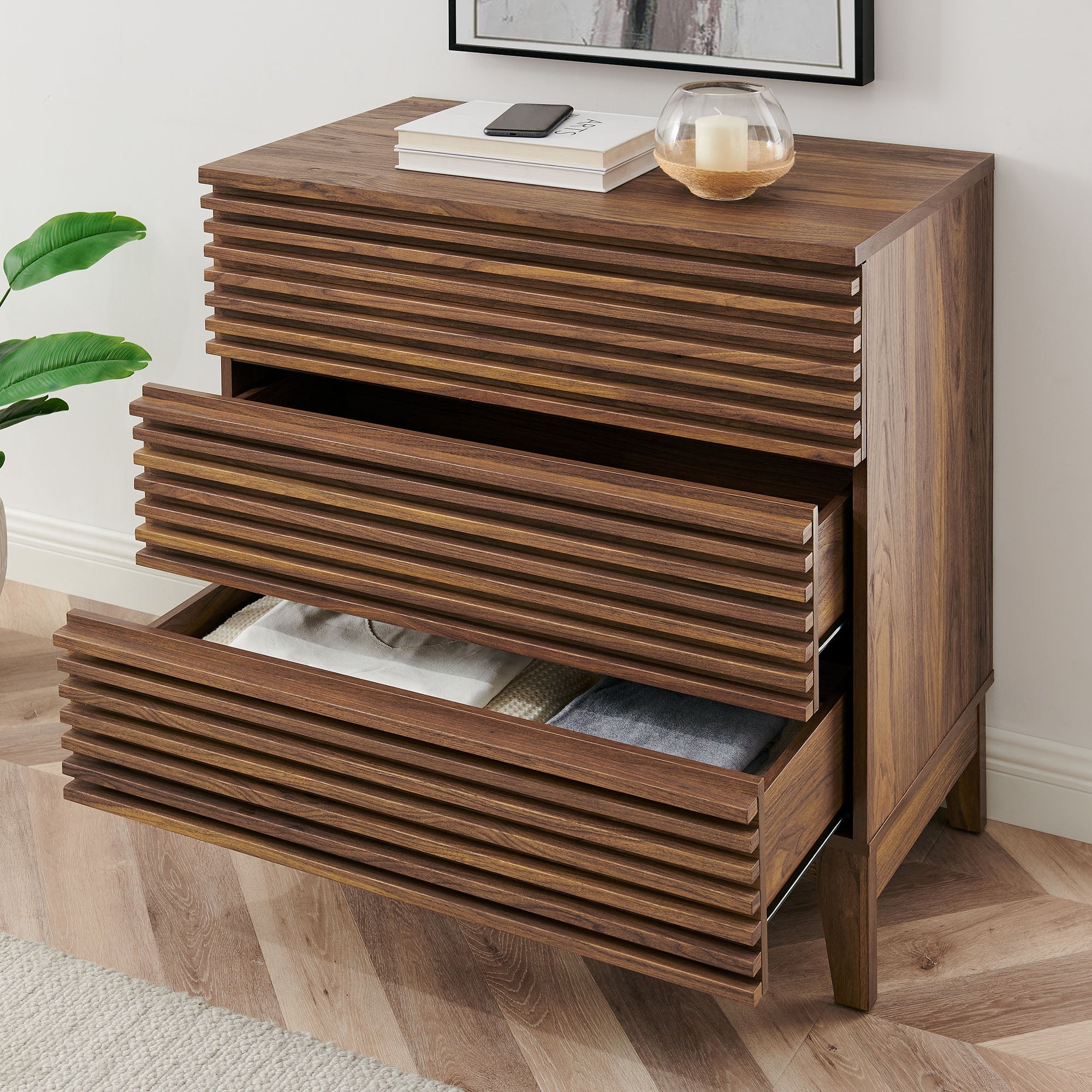 Render Large 3-Drawer Nightstand in Walnut