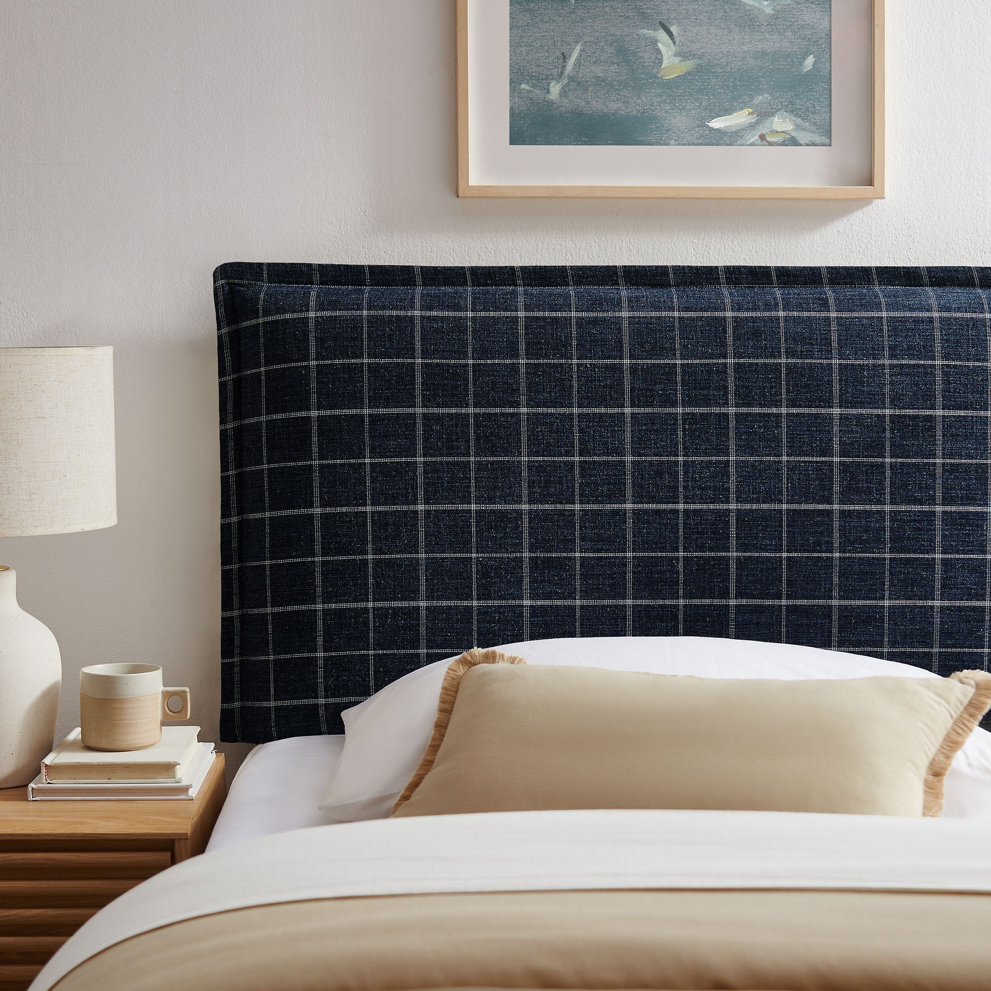 Camille Checkered Linen Blend Queen Size Headboard