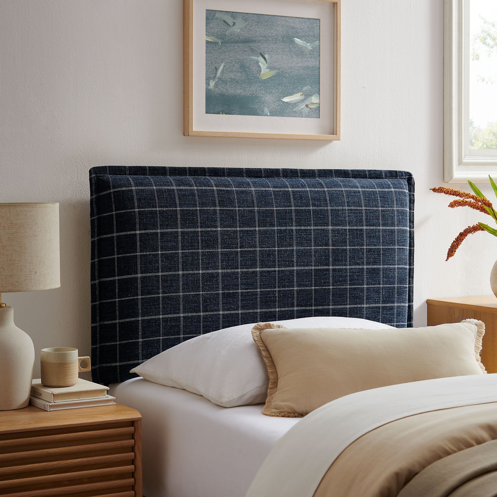 Camille Checkered Linen Blend Queen Size Headboard