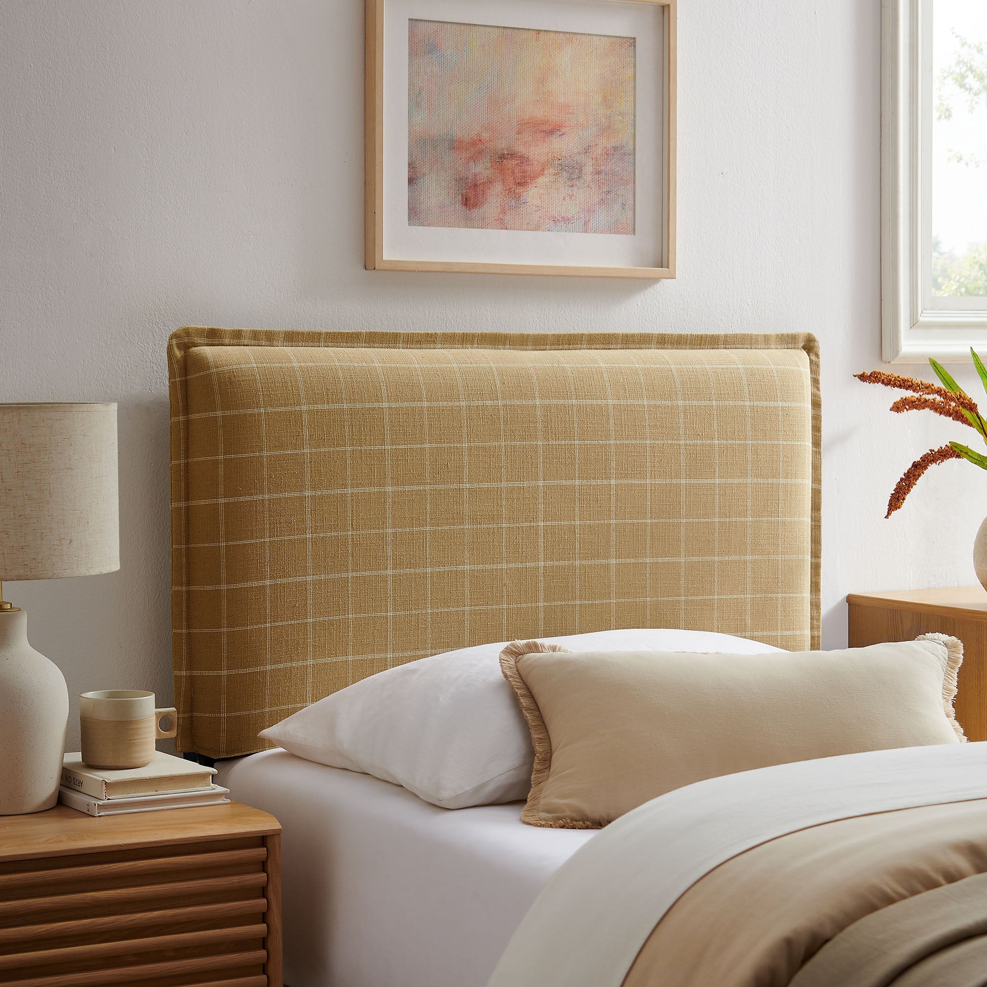 Camille Checkered Linen Blend Queen Size Headboard
