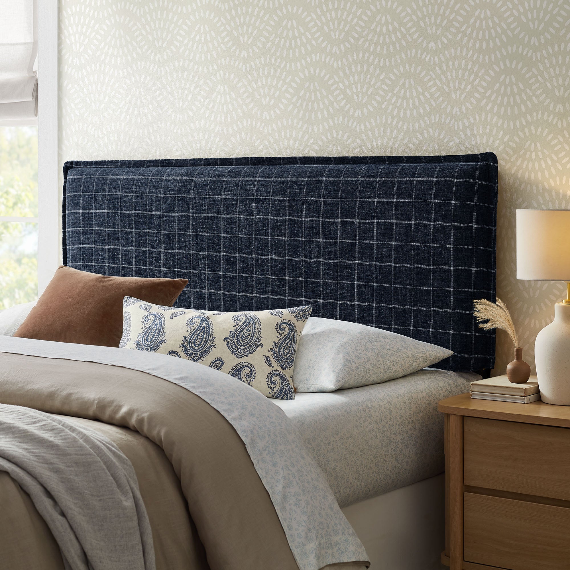Camille Checkered Linen Blend Queen Size Headboard