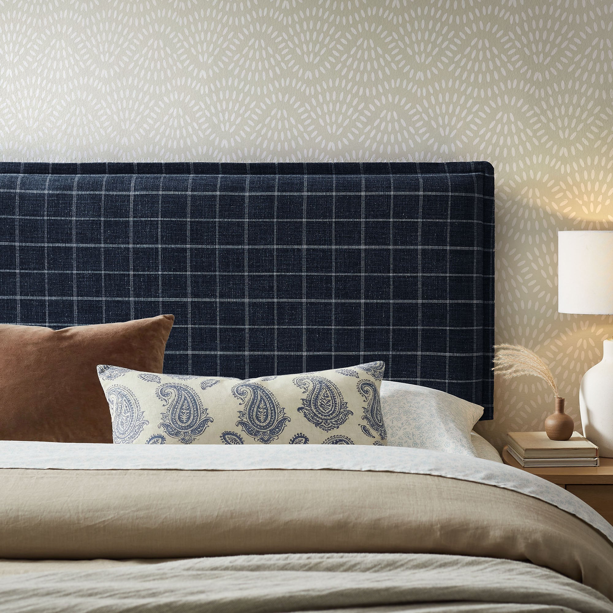 Camille Checkered Linen Blend Queen Size Headboard