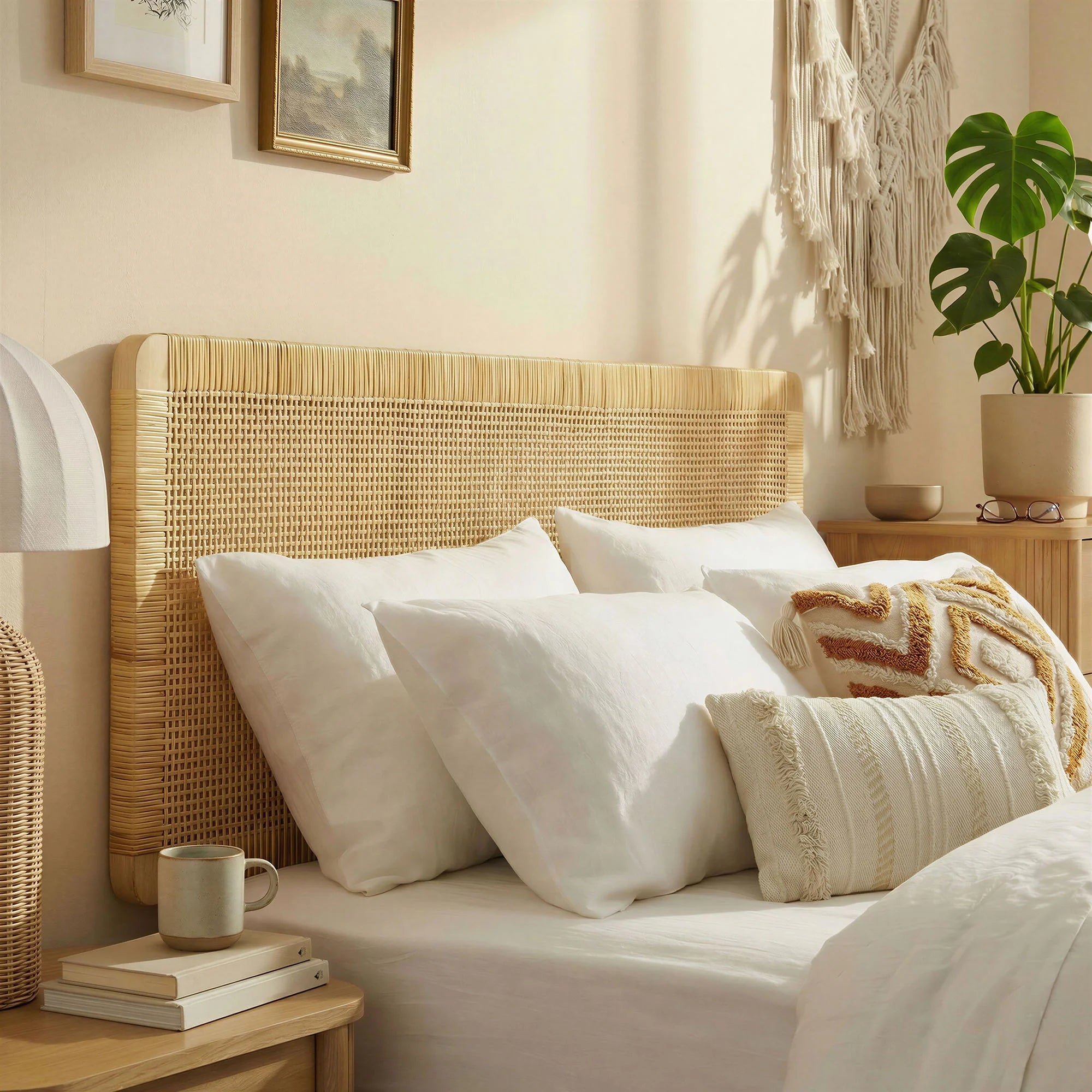 Sandy Wall Mounted Wood and Rattan Queen Size Headboard