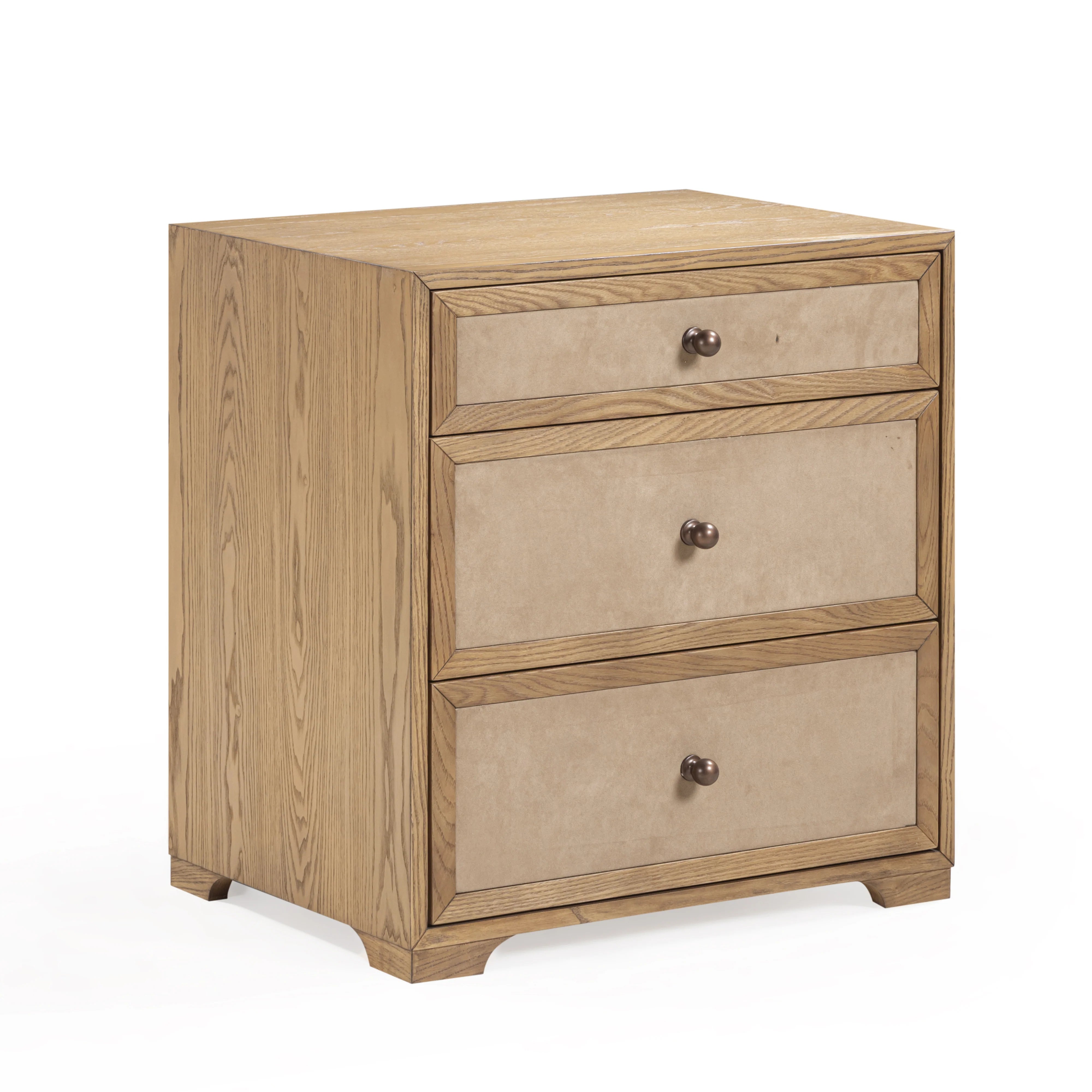 Laurentis 23.5" Light Taupe Suede and Wood 3-Drawer Nightstand