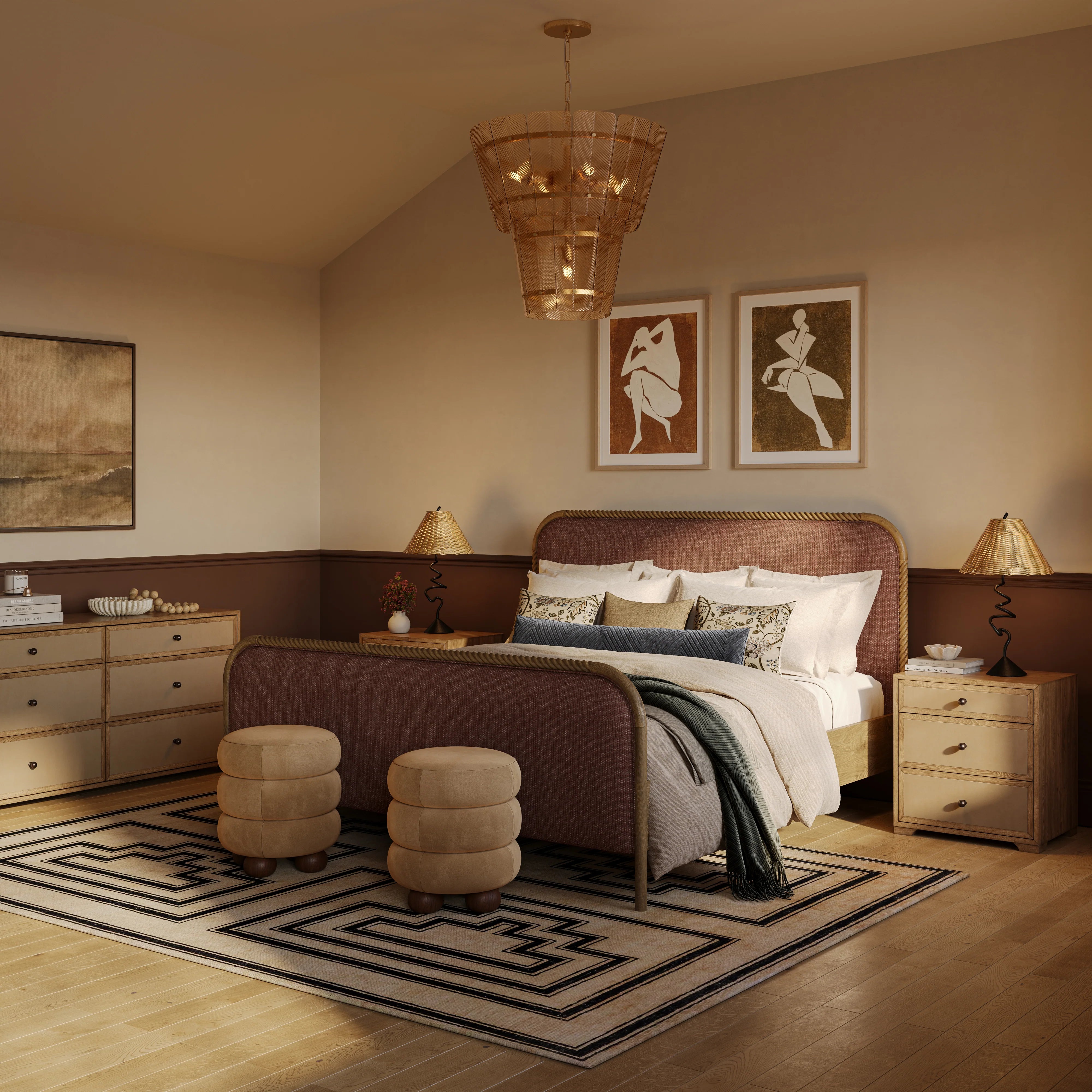 Laurentis 64" Light Taupe Suede and Wood 6-Drawer Dresser