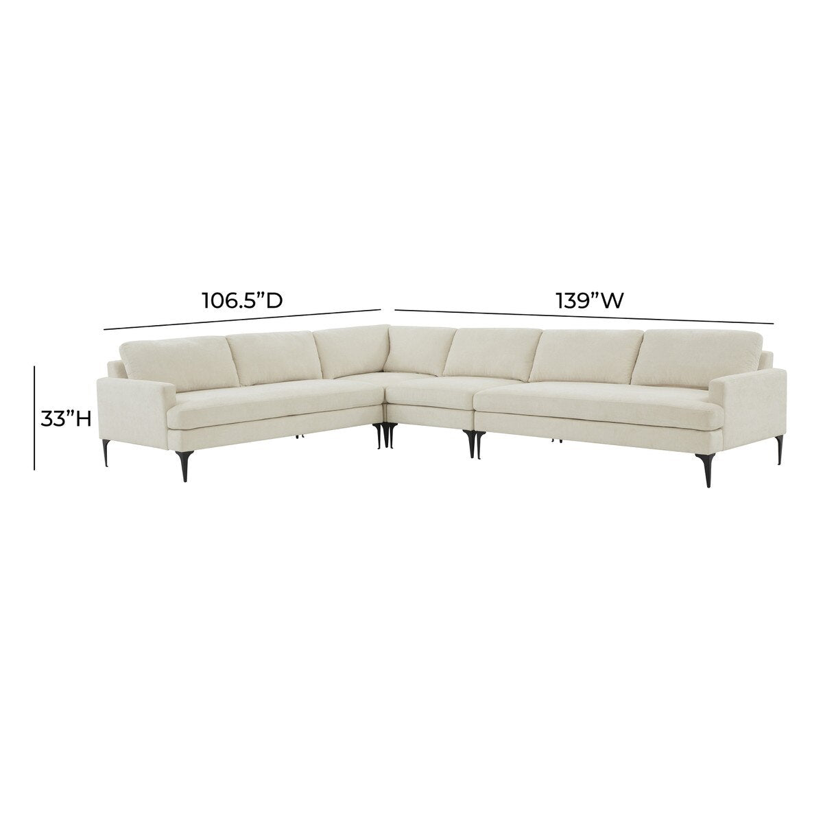 Serena Cream Velvet Large L-Sectional with Black Legs