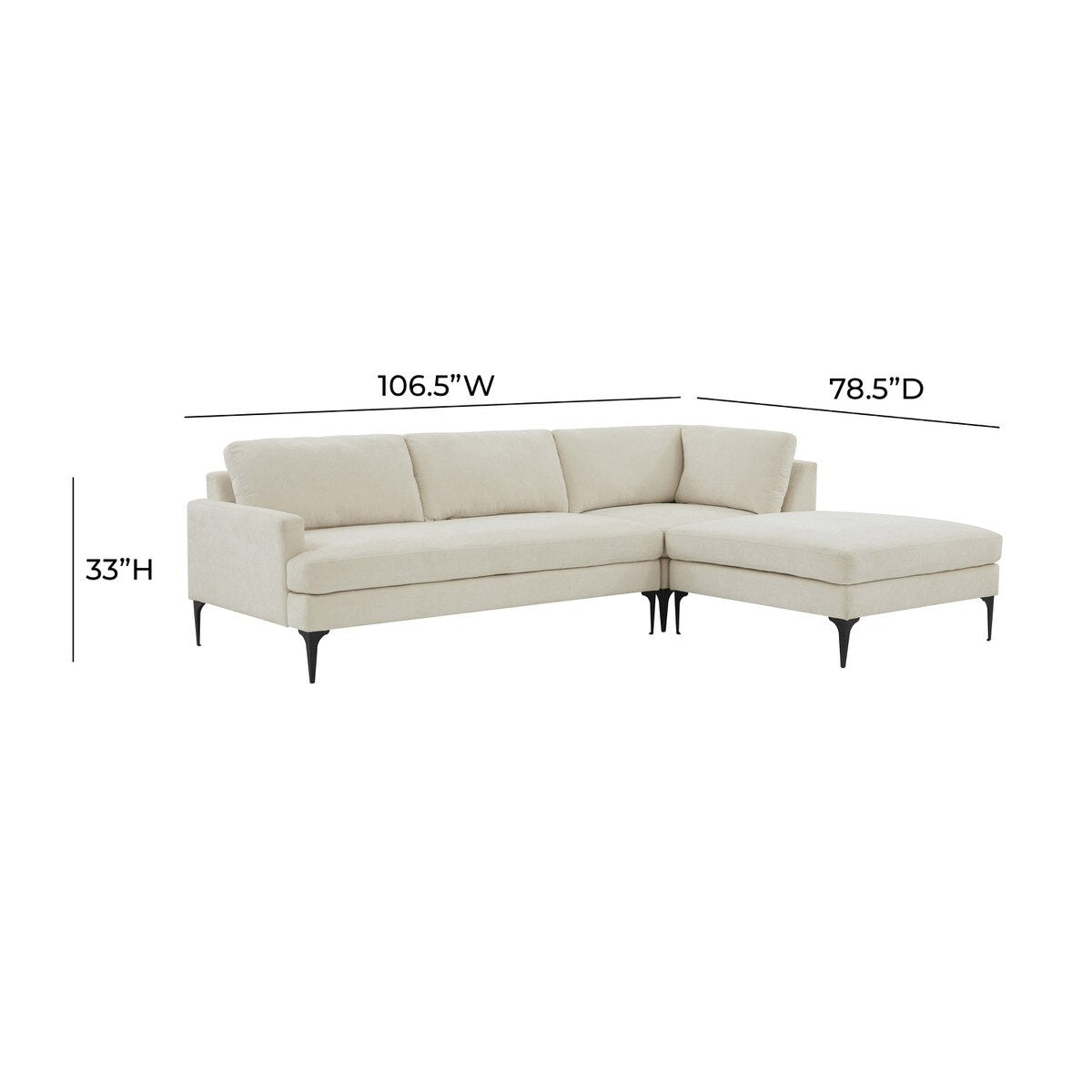 Serena Cream Velvet RAF Chaise Sectional with Black Legs