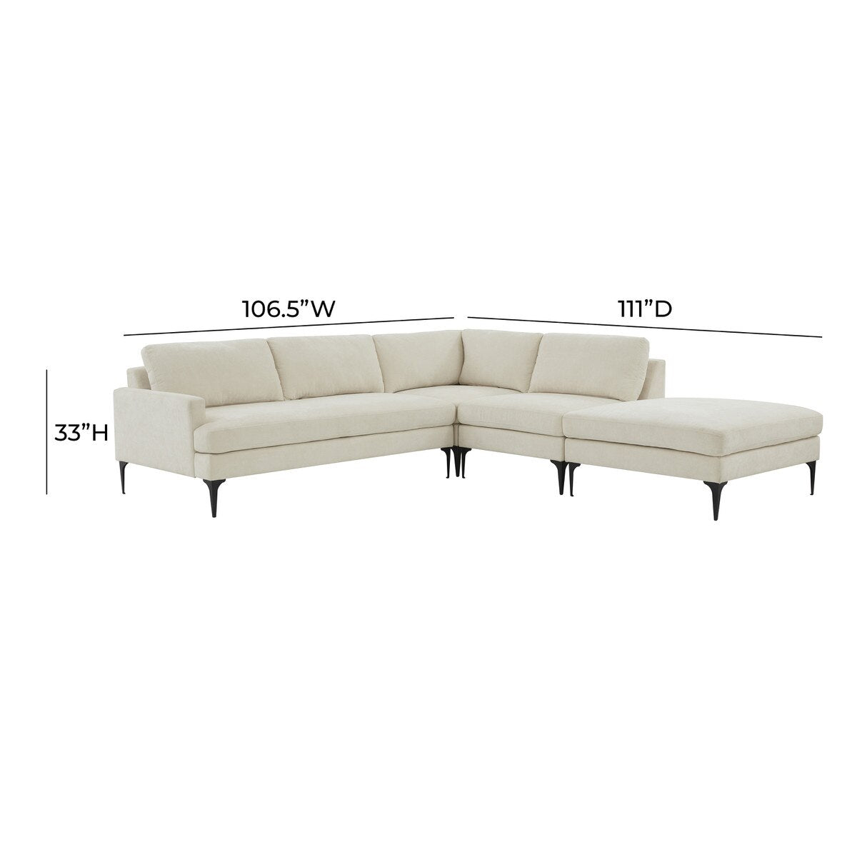 Serena Cream Velvet Large RAF Chaise Sectional with Black Legs