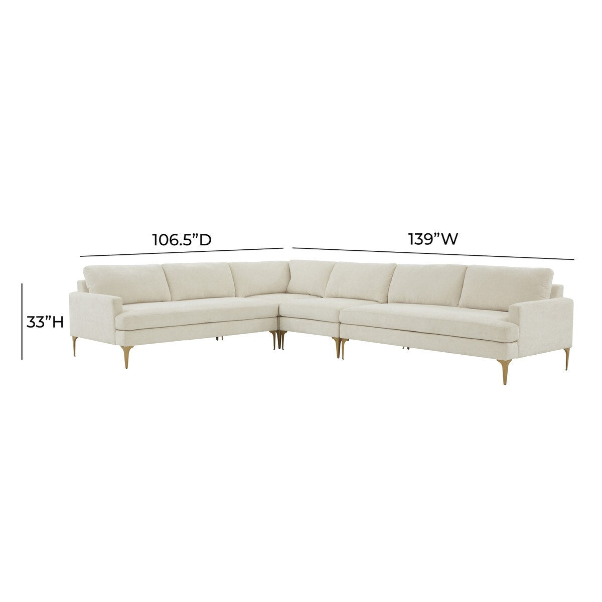 Serena Cream Velvet Large L-Sectional with Brass Legs