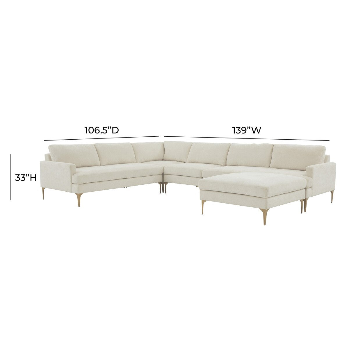 Serena Cream Velvet Large Chaise Sectional with Brass Legs