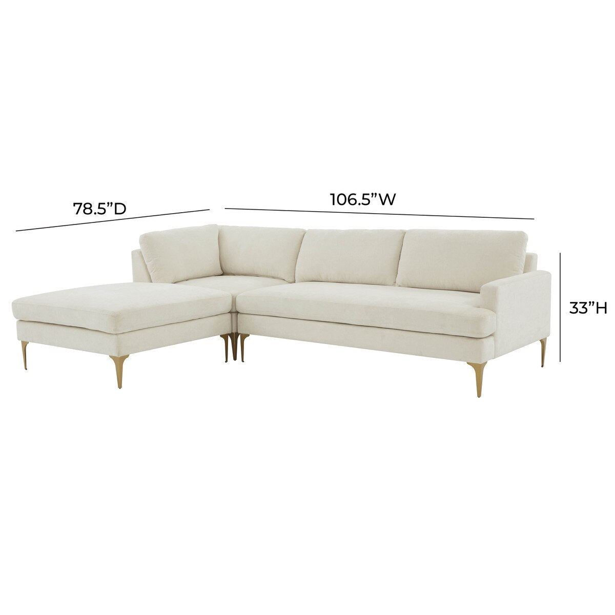 Serena Cream Velvet LAF Chaise Sectional with Brass Legs