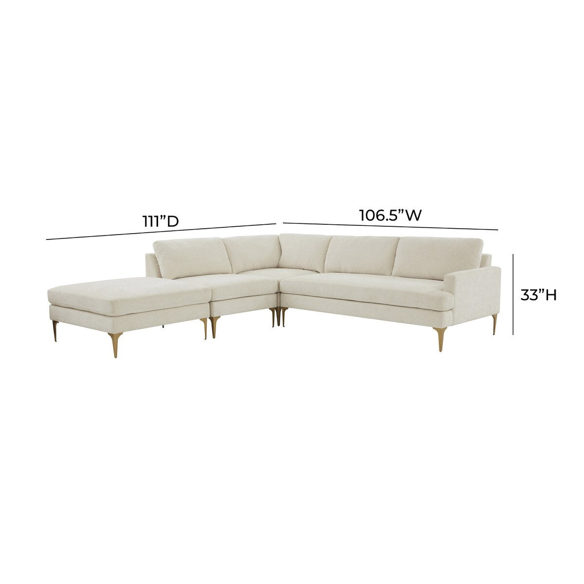 Serena Cream Velvet Large LAF Chaise Sectional with Brass Legs