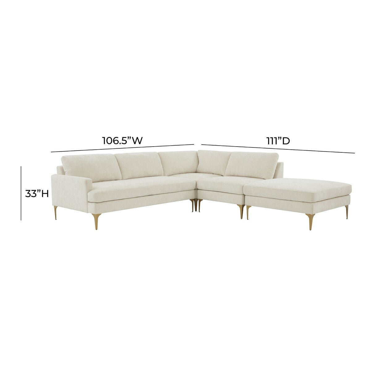 Serena Cream Velvet Large RAF Chaise Sectional with Brass Legs