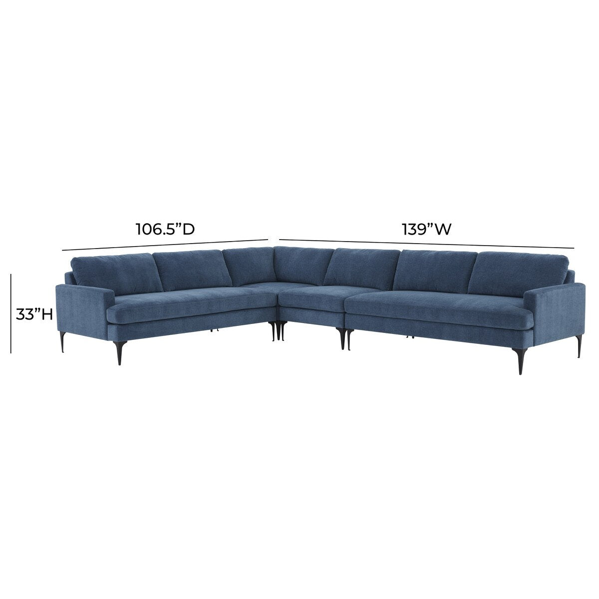 Serena Blue Velvet Large L-Sectional with Black Legs