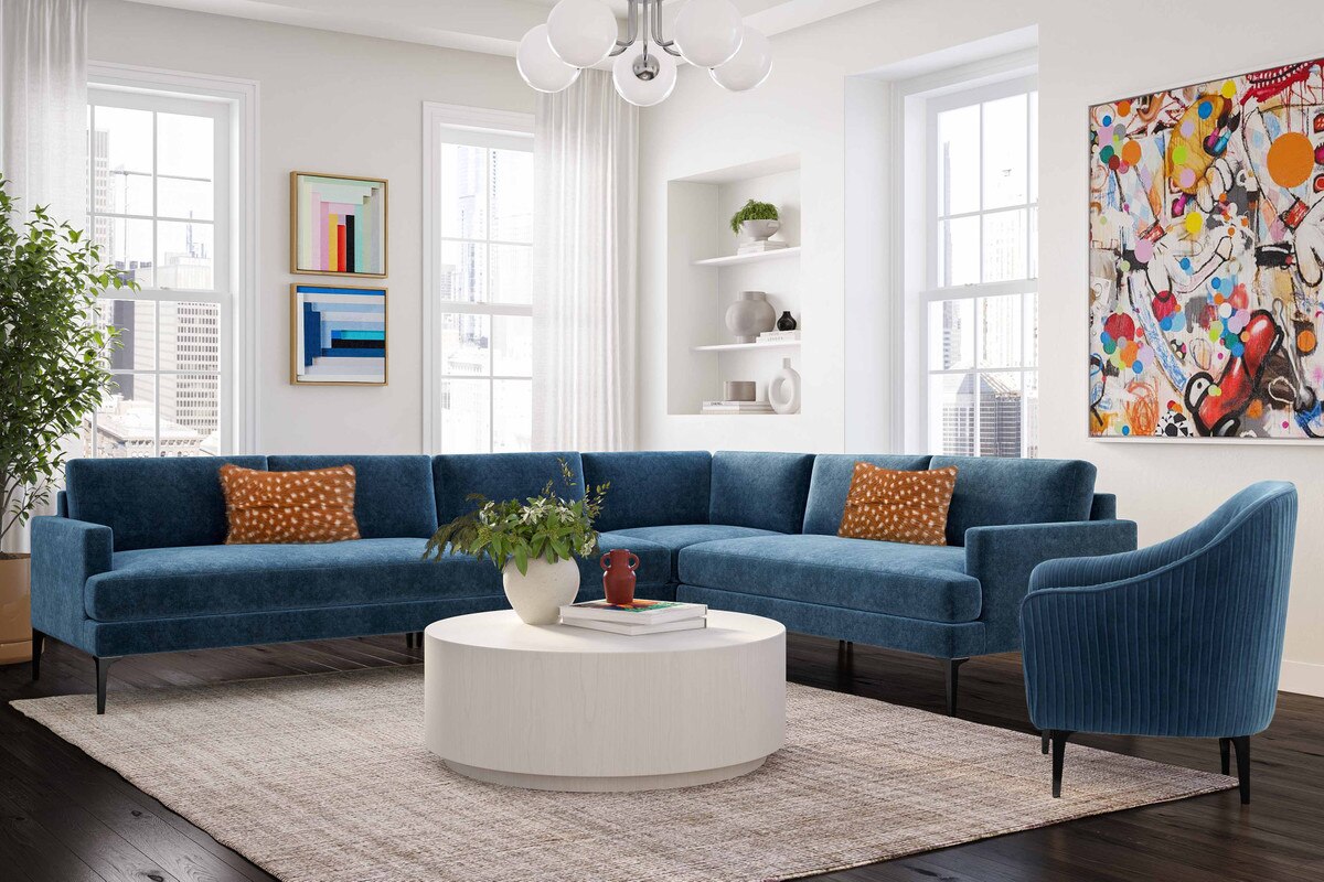 Serena Blue Velvet Large L-Sectional with Black Legs